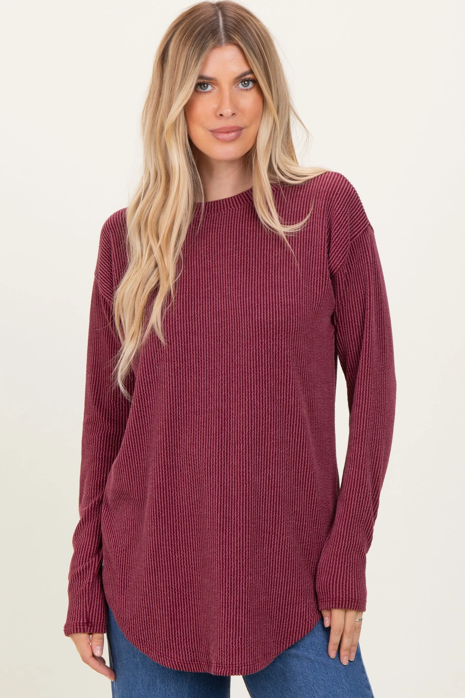 Burgundy Solid Ribbed Long Sleeve Tunic Top sold by Pinkblush product image thumbnail 2