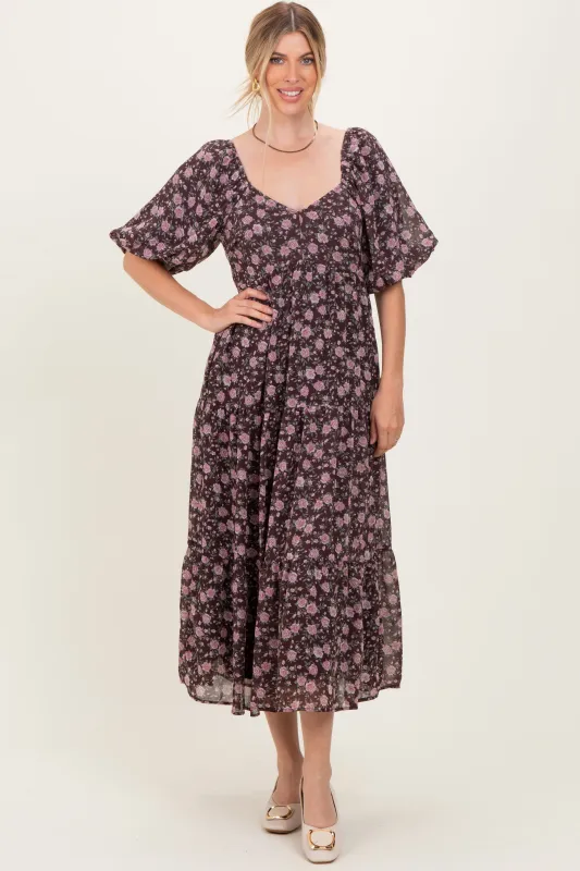 Brown Floral Sweetheart Neckline Puff Sleeve Maxi Dress sold by Pinkblush