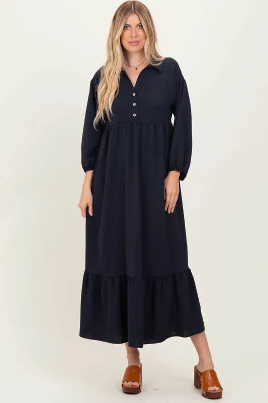 Navy Solid Long Sleeve Button Down Tiered Collared Dress sold by Pinkblush