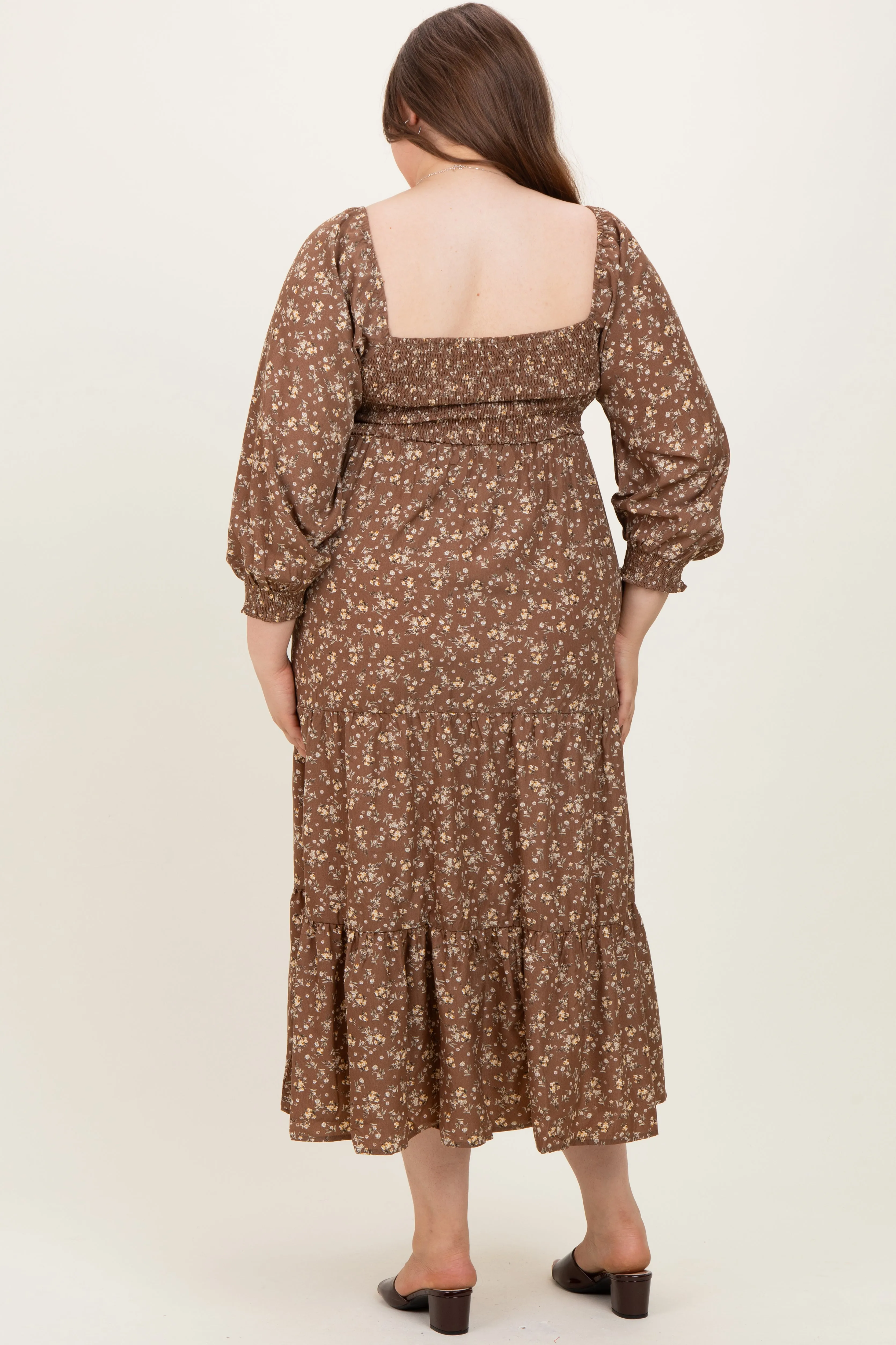 Mocha Floral Smocked Long Sleeve Maternity Plus Maxi Dress sold by Pinkblush product image thumbnail 4