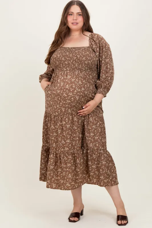 Mocha Floral Smocked Long Sleeve Maternity Plus Maxi Dress sold by Pinkblush