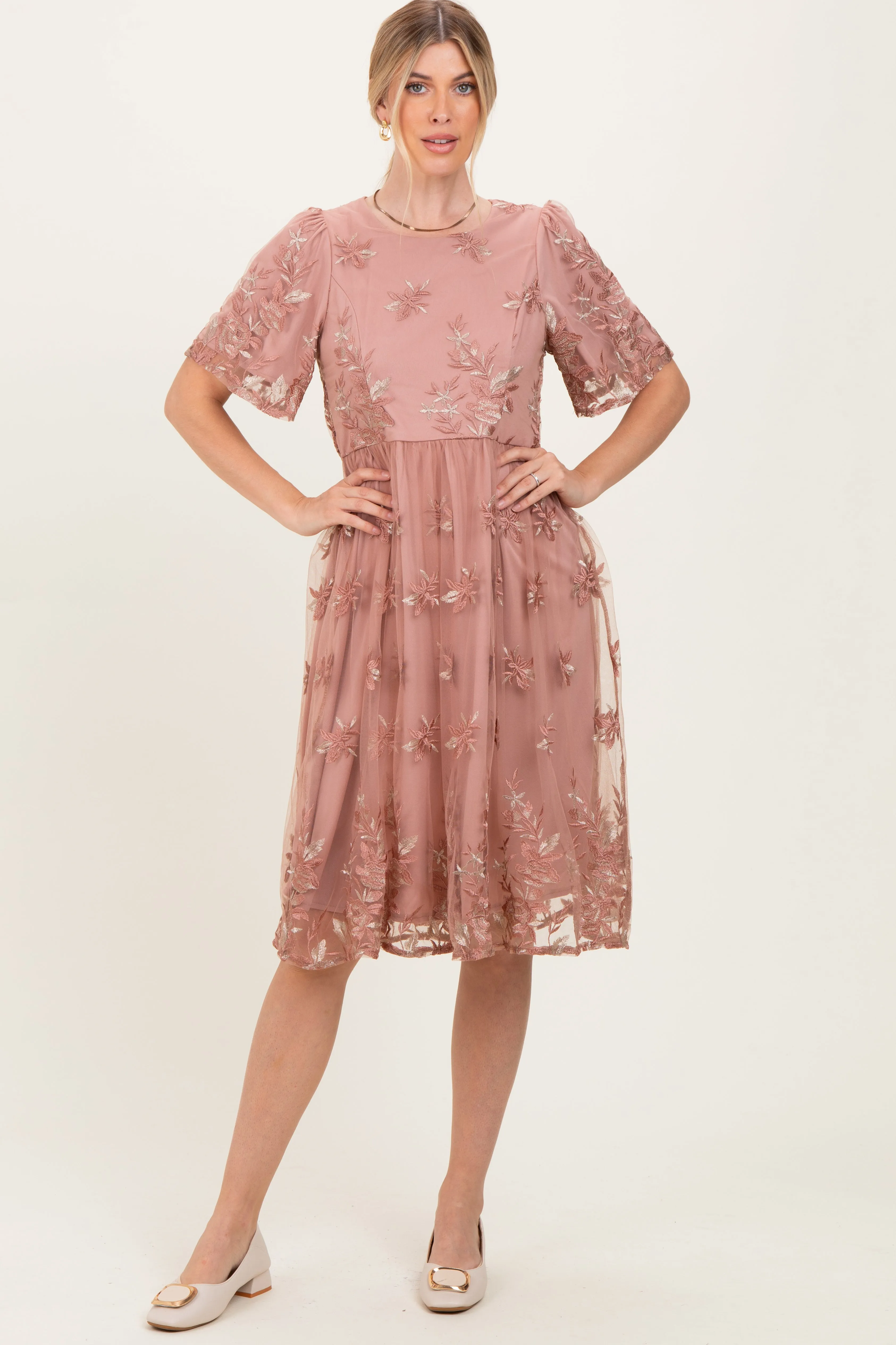 Light Pink Floral Embroidered Mesh Midi Dress sold by Pinkblush product image thumbnail 2
