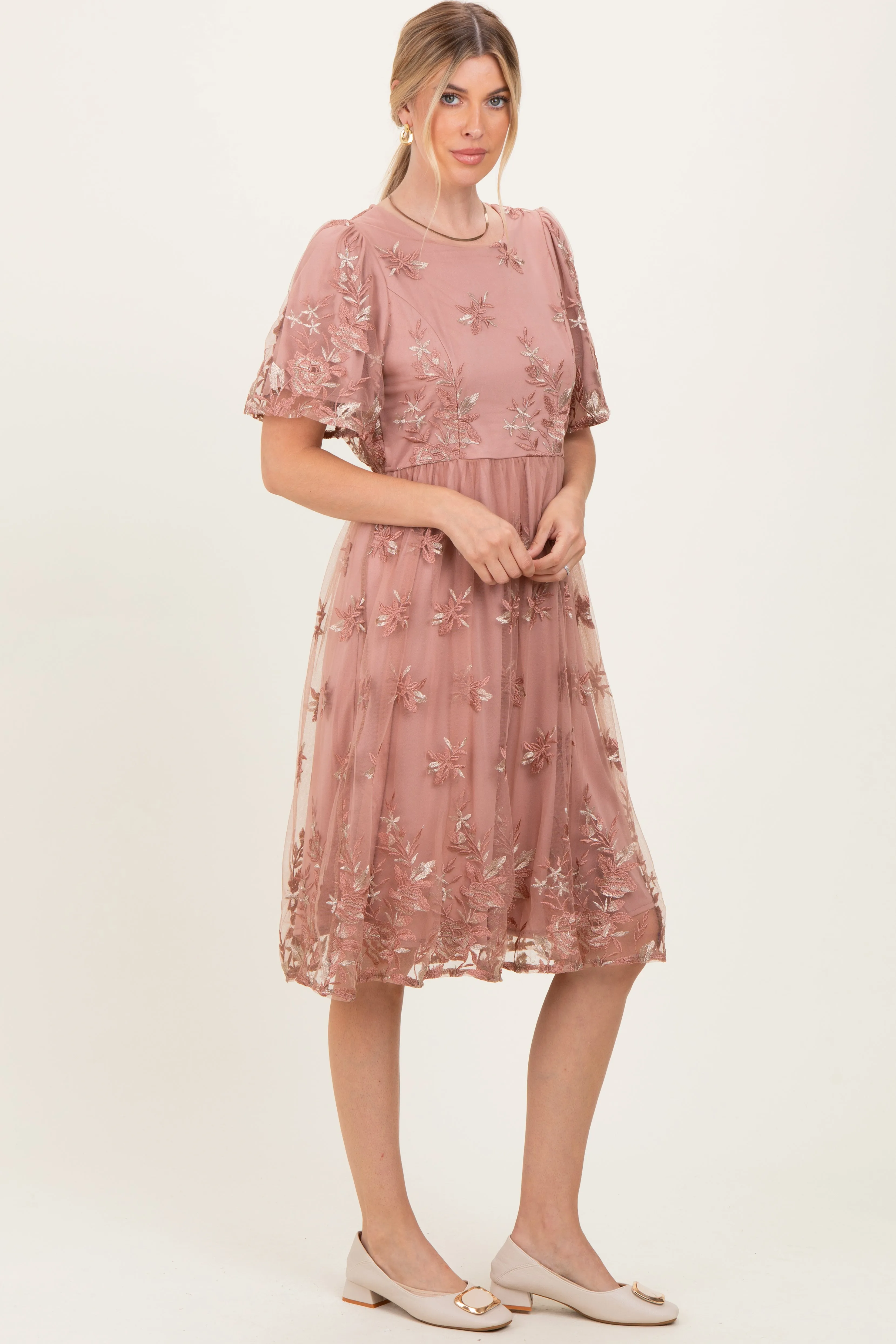 Light Pink Floral Embroidered Mesh Midi Dress sold by Pinkblush product image thumbnail 3