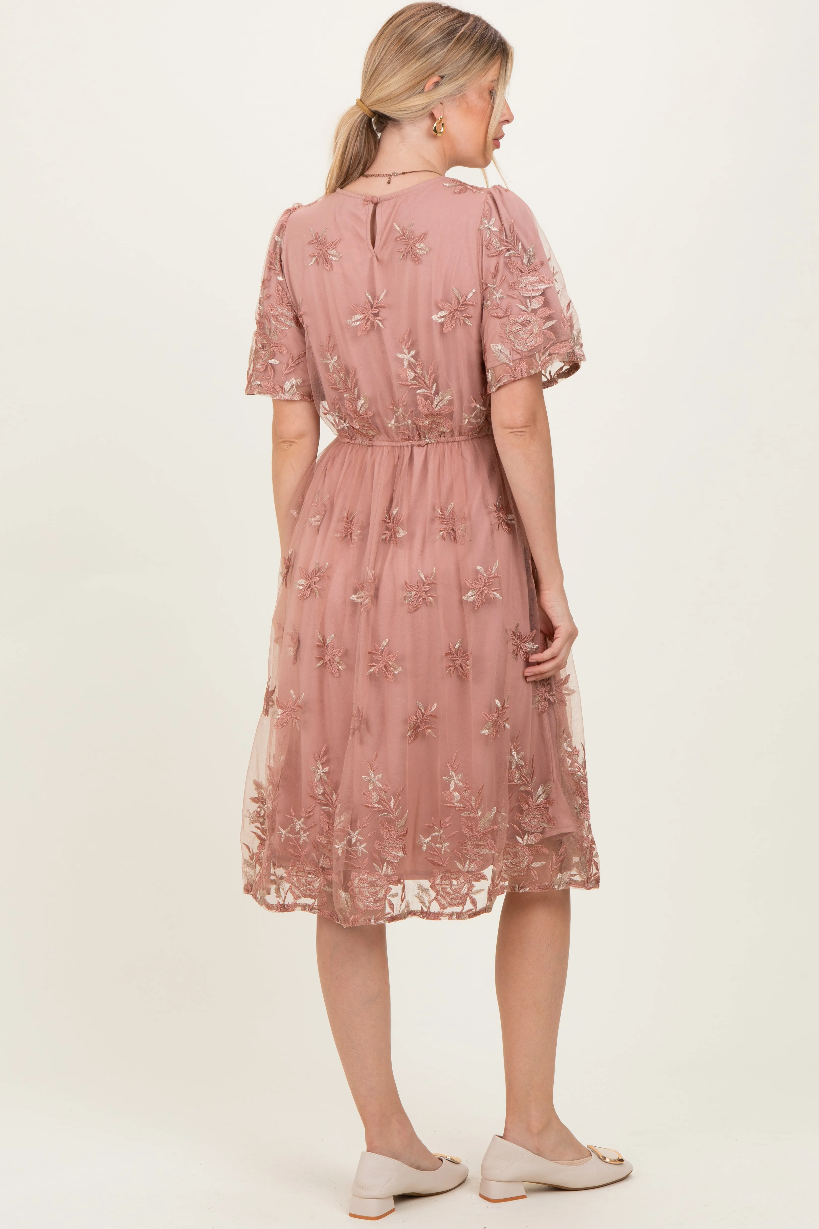 Light Pink Floral Embroidered Mesh Midi Dress sold by Pinkblush product image thumbnail 4