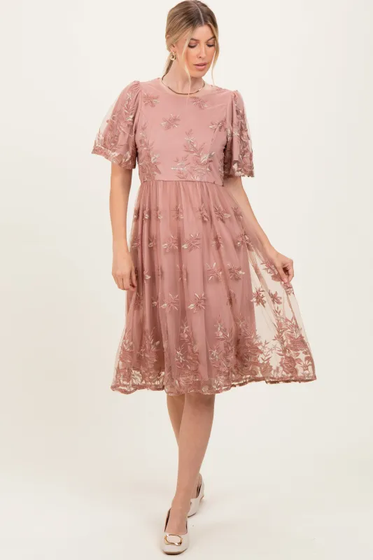 Light Pink Floral Embroidered Mesh Midi Dress sold by Pinkblush