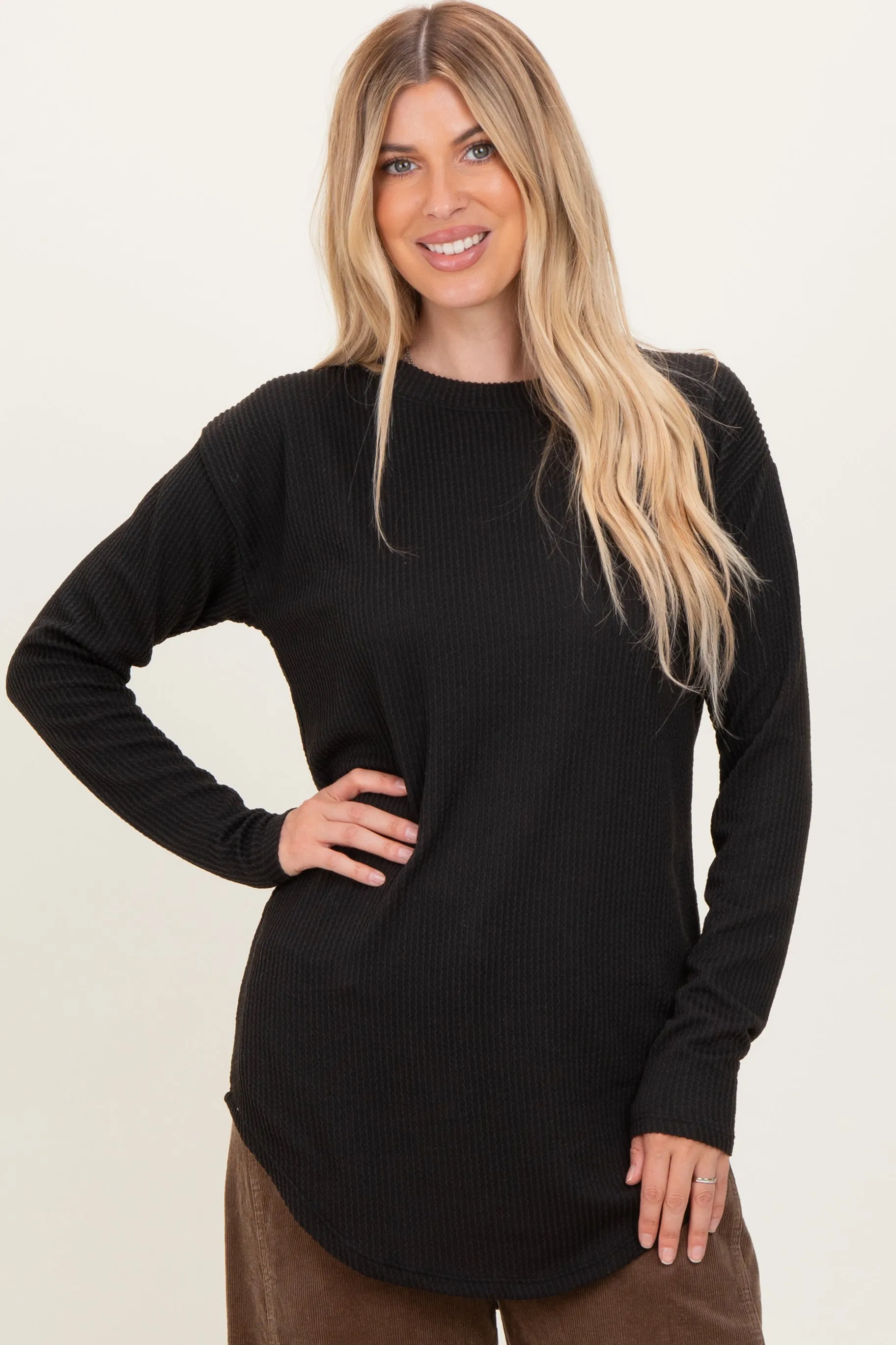 Black Solid Ribbed Long Sleeve Tunic Top sold by Pinkblush