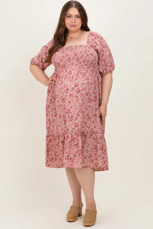 Pink Floral Smocked Maternity Plus Midi Dress sold by Pinkblush