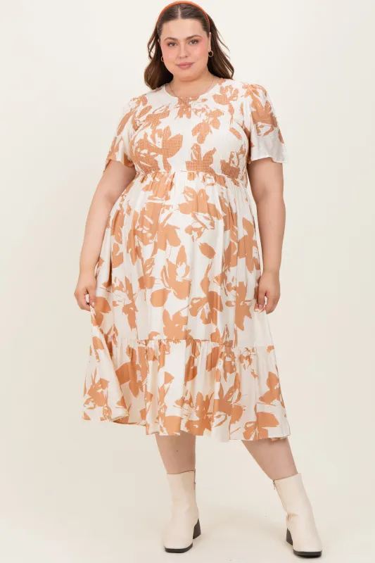 Cream Floral Smocked Short Sleeve Maternity Plus Midi Dress sold by Pinkblush