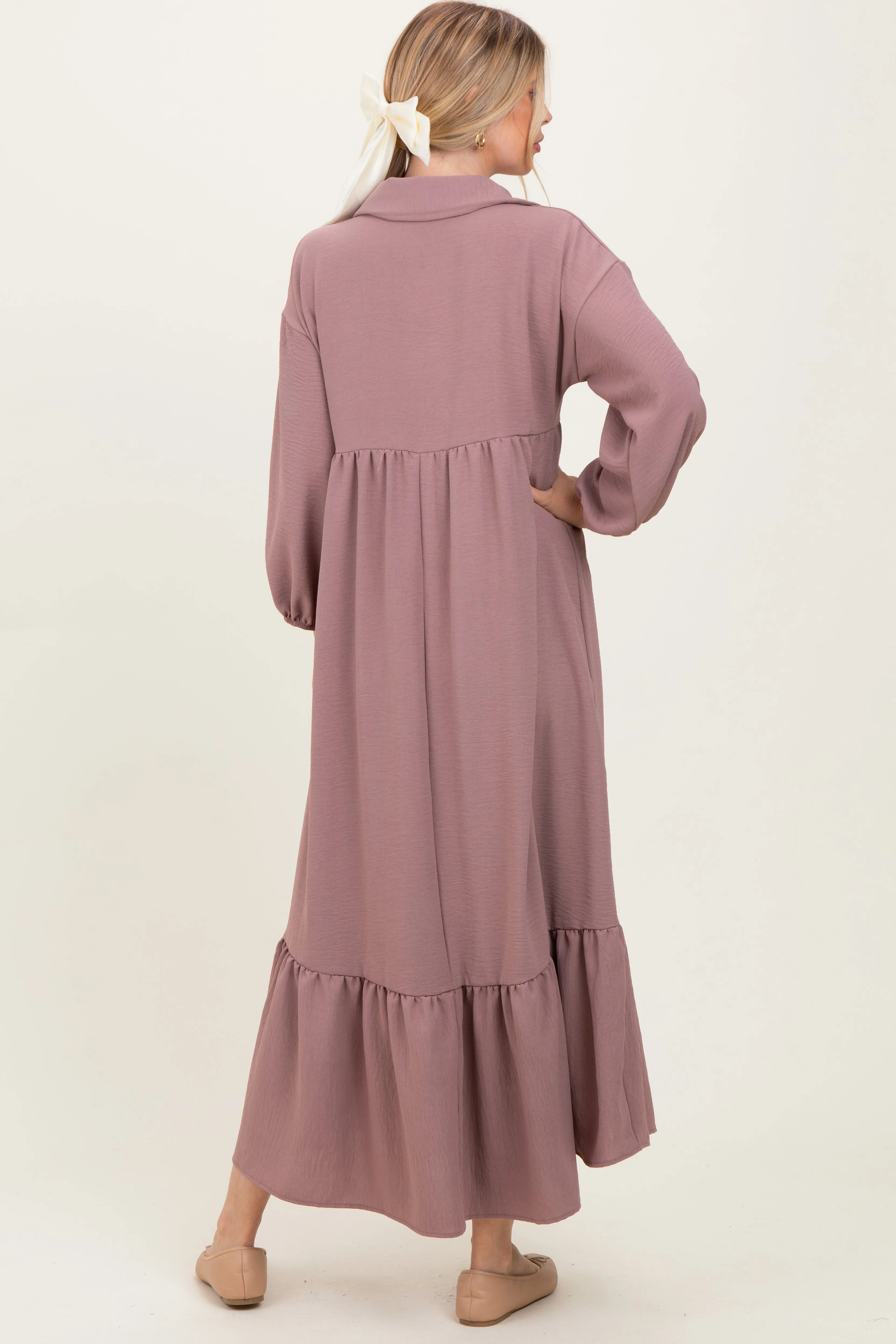 Mocha Solid Long Sleeve Button Down Tiered Collared Dress sold by Pinkblush product image thumbnail 4