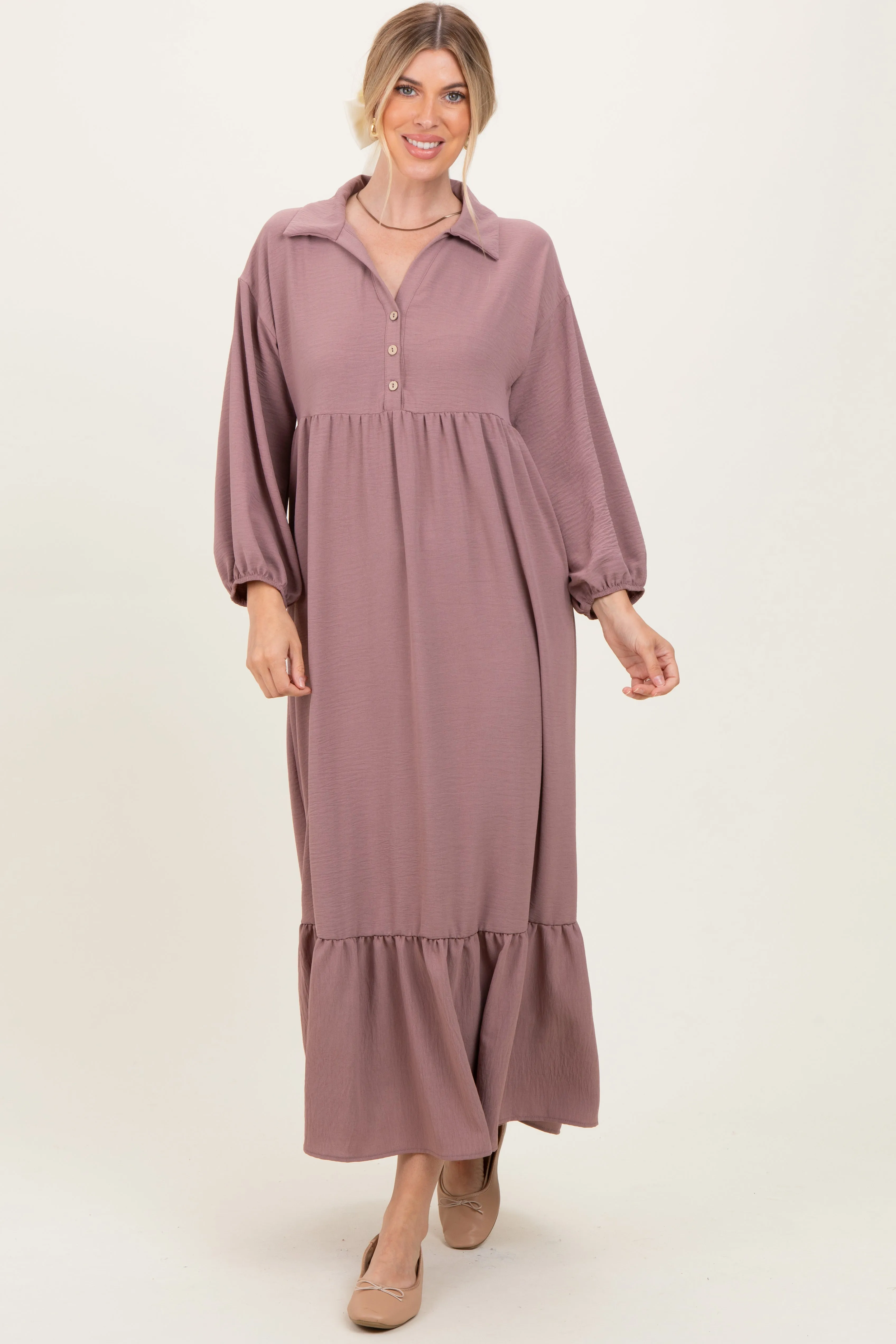 Mocha Solid Long Sleeve Button Down Tiered Collared Dress sold by Pinkblush product image thumbnail 2