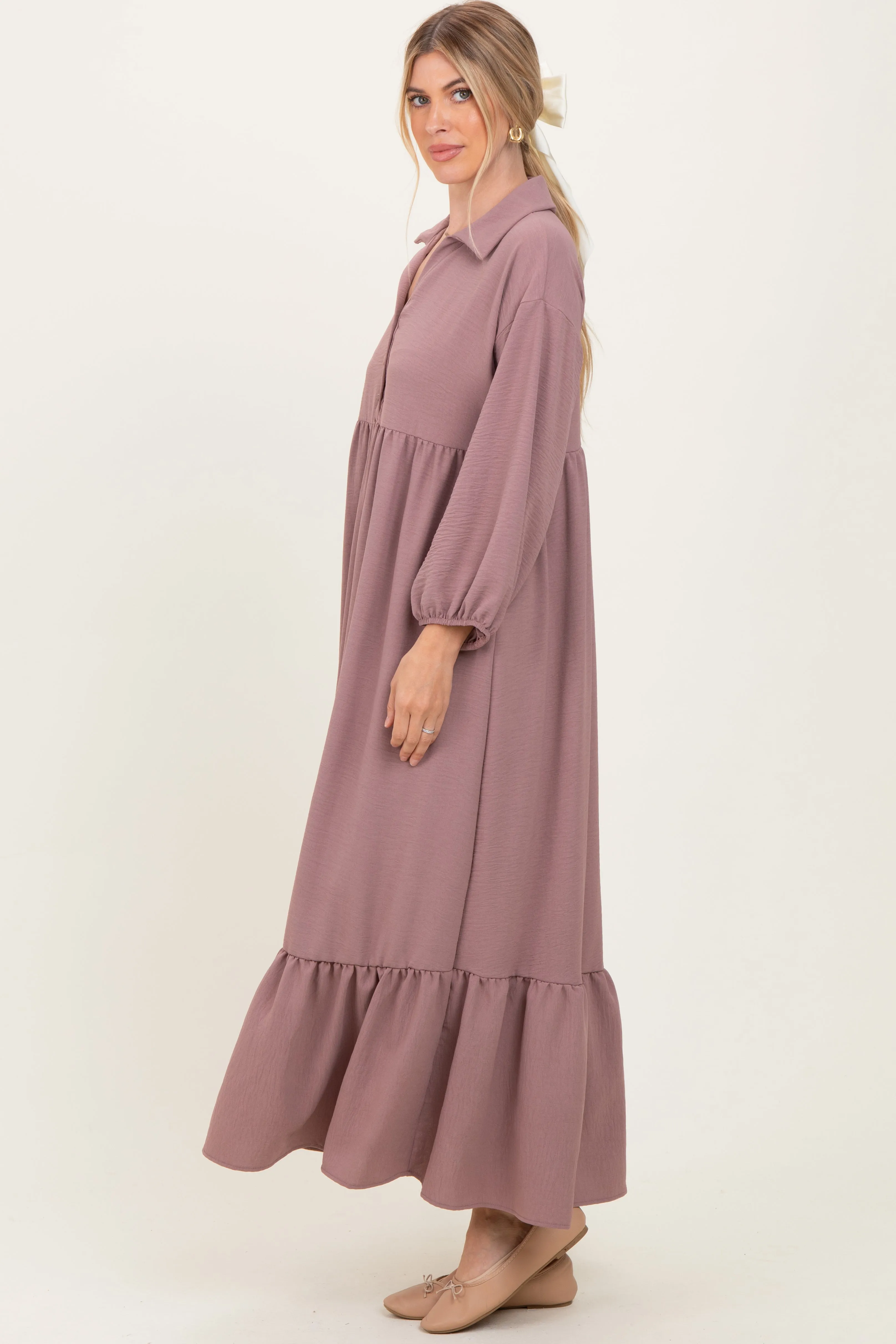 Mocha Solid Long Sleeve Button Down Tiered Collared Dress sold by Pinkblush product image thumbnail 3