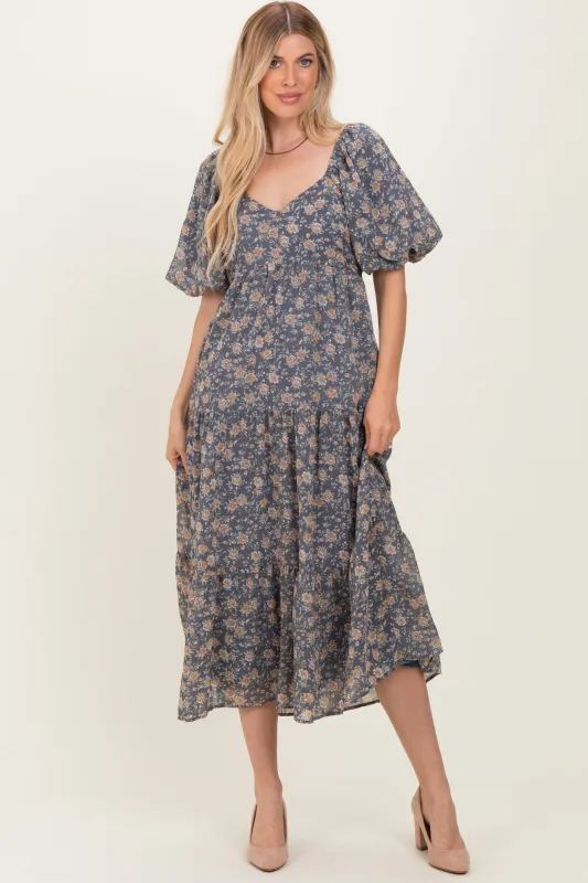 Blue Floral Sweetheart Neckline Puff Sleeve Maxi Dress sold by Pinkblush