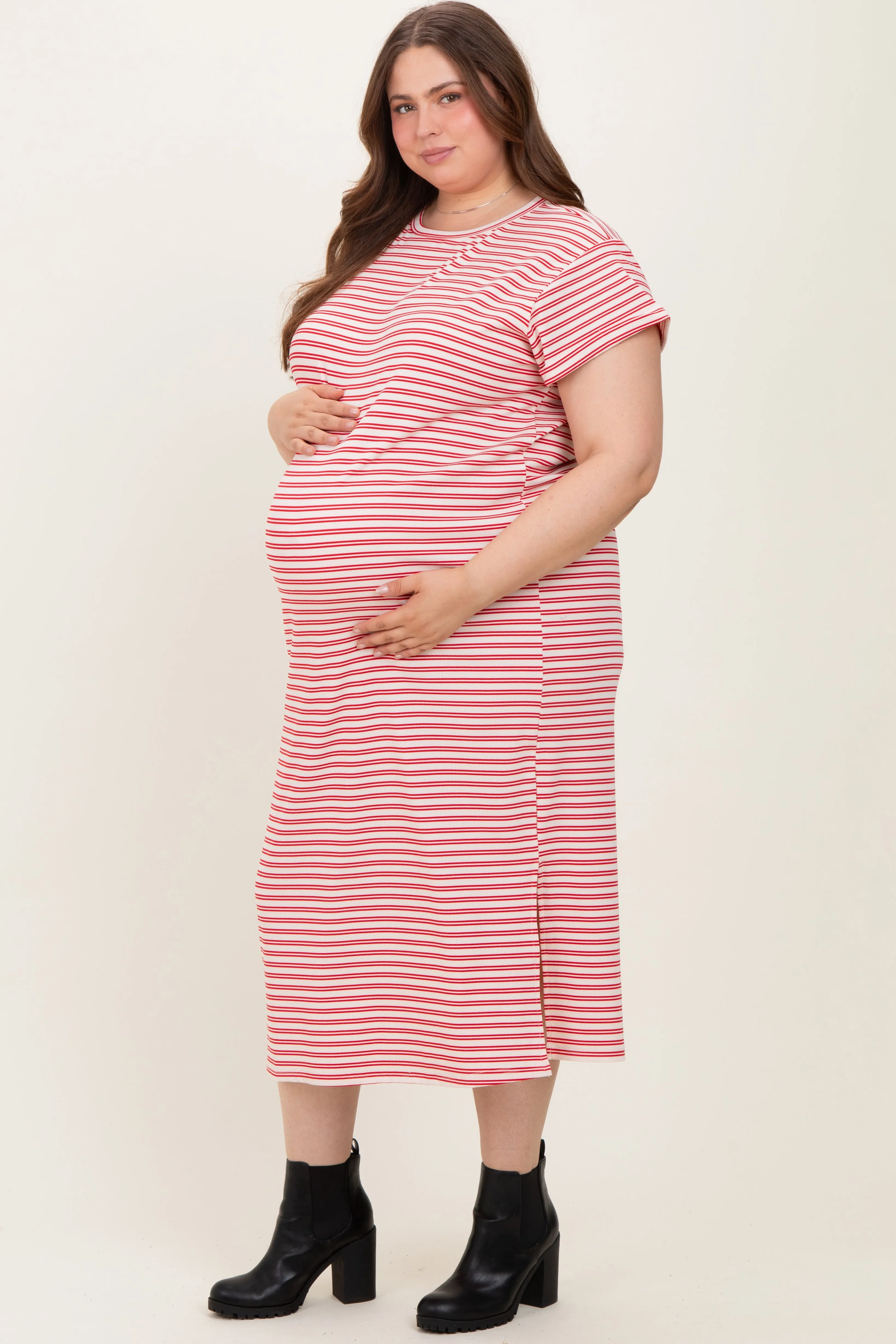 Red Striped Maternity Plus Midi T-Shirt Dress sold by Pinkblush product image thumbnail 3