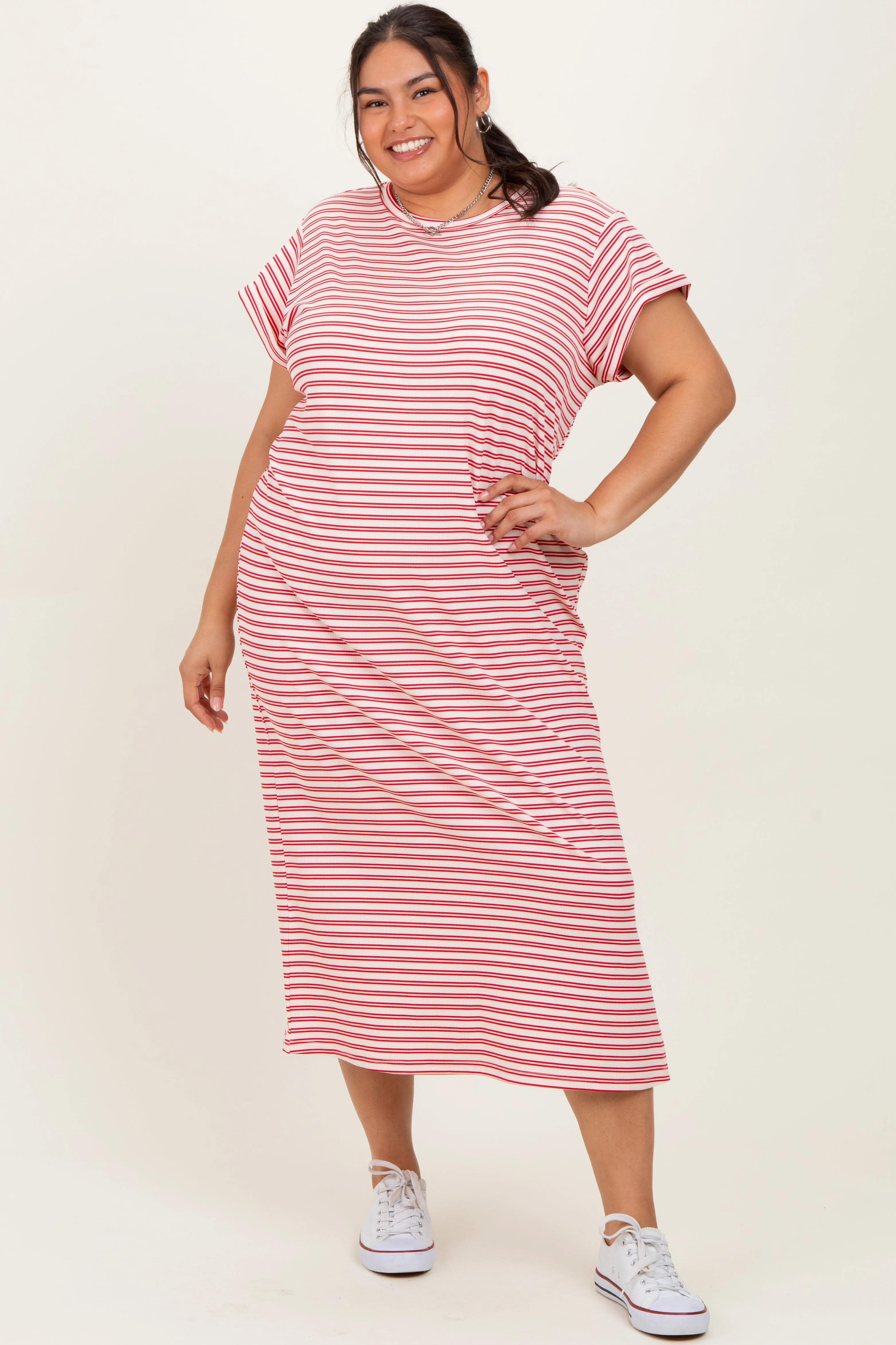 Red Striped Maternity Plus Midi T-Shirt Dress sold by Pinkblush product image thumbnail 5