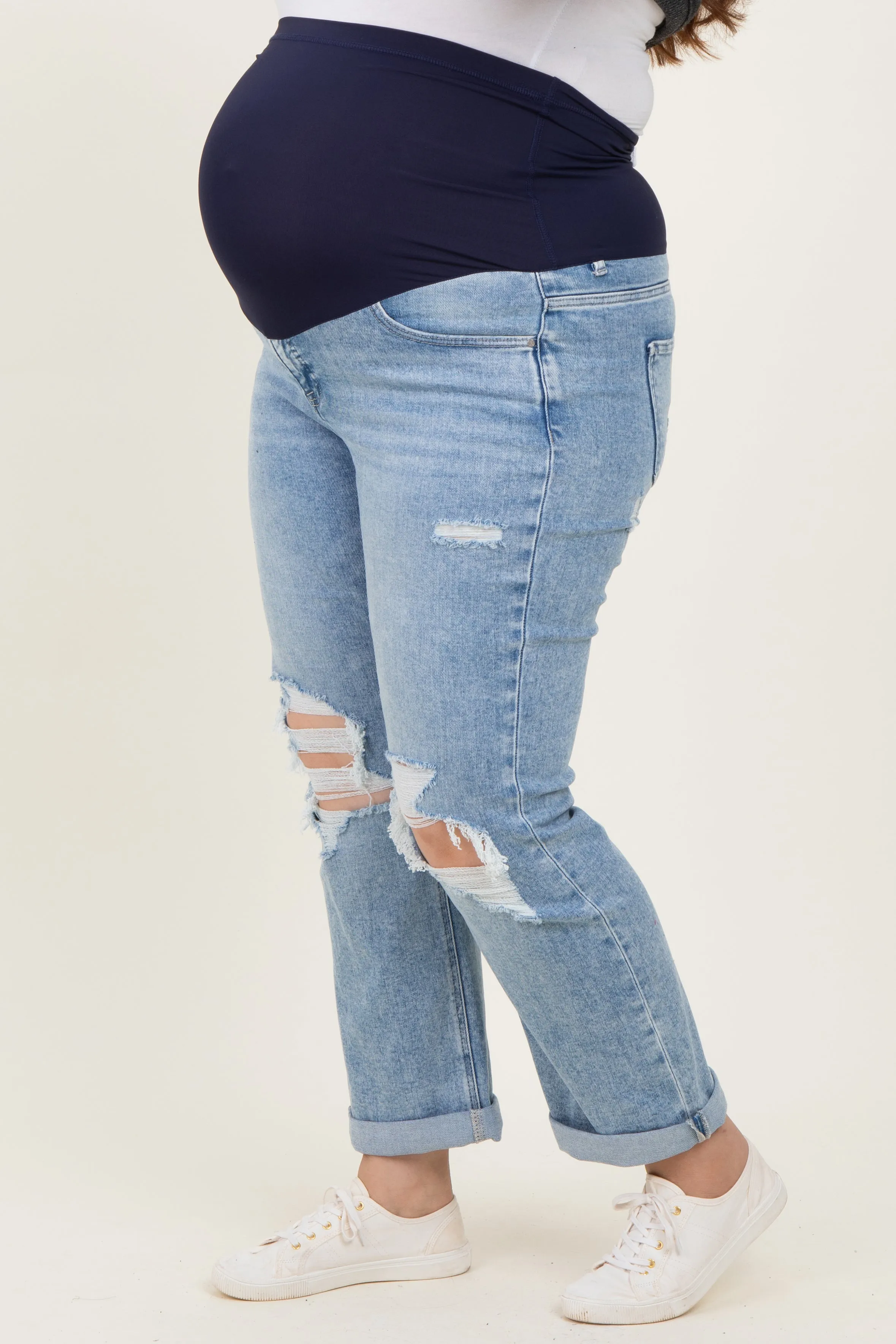 Light Blue Ripped Knee Rolled Cuff Straight Leg Maternity Plus Jeans sold by Pinkblush product image thumbnail 4