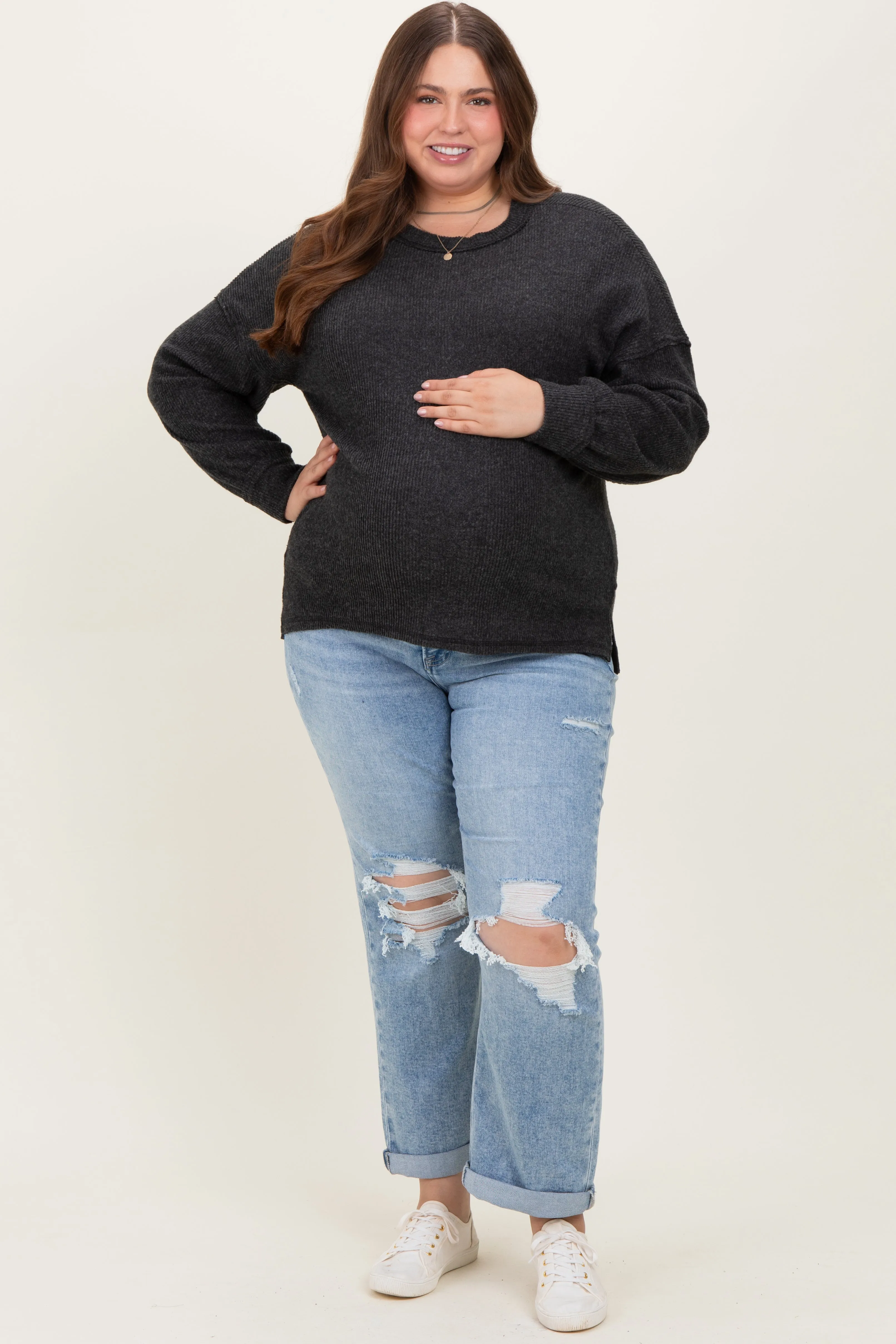 Light Blue Ripped Knee Rolled Cuff Straight Leg Maternity Plus Jeans sold by Pinkblush