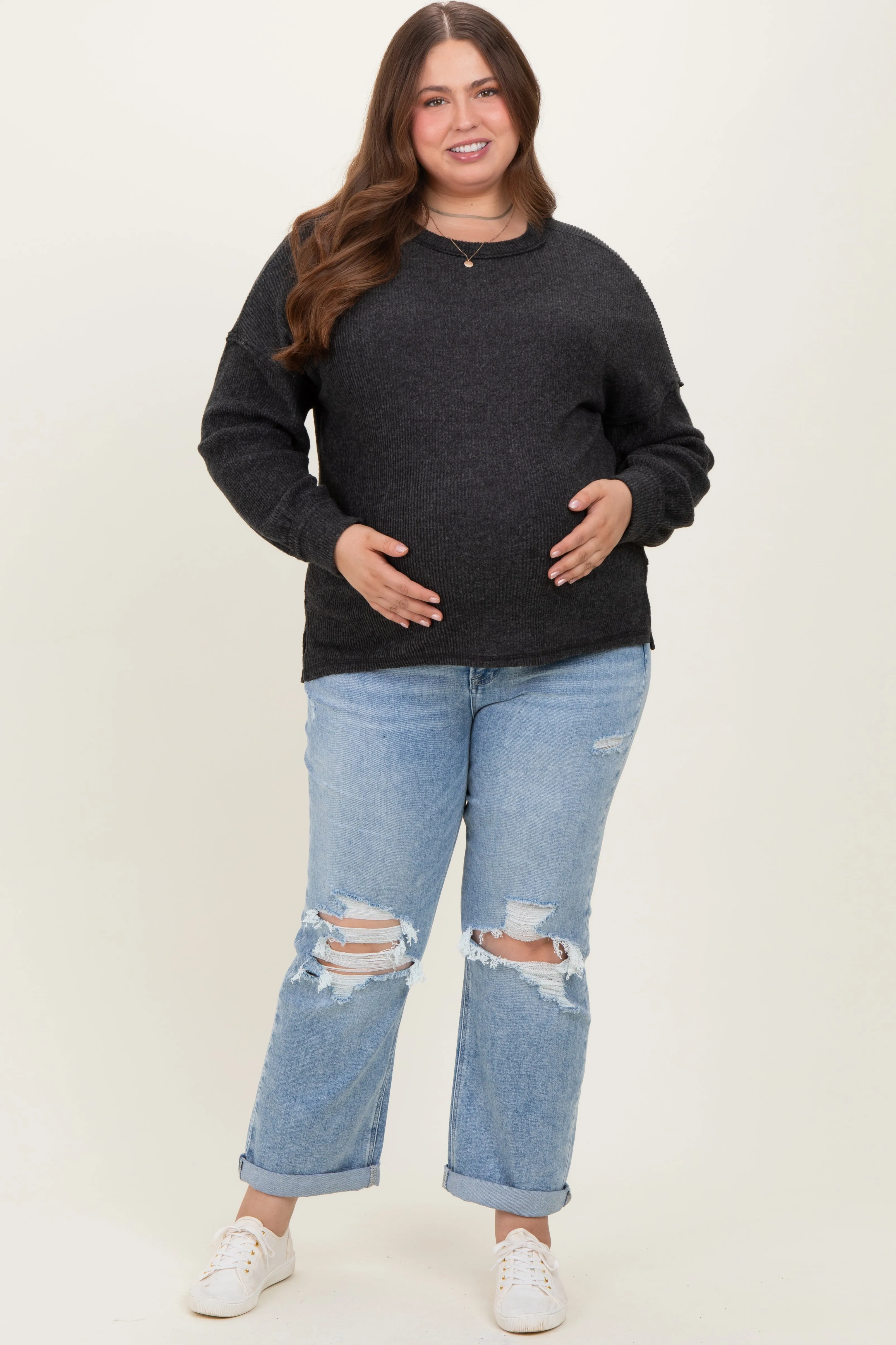 Light Blue Ripped Knee Rolled Cuff Straight Leg Maternity Plus Jeans sold by Pinkblush product image thumbnail 2