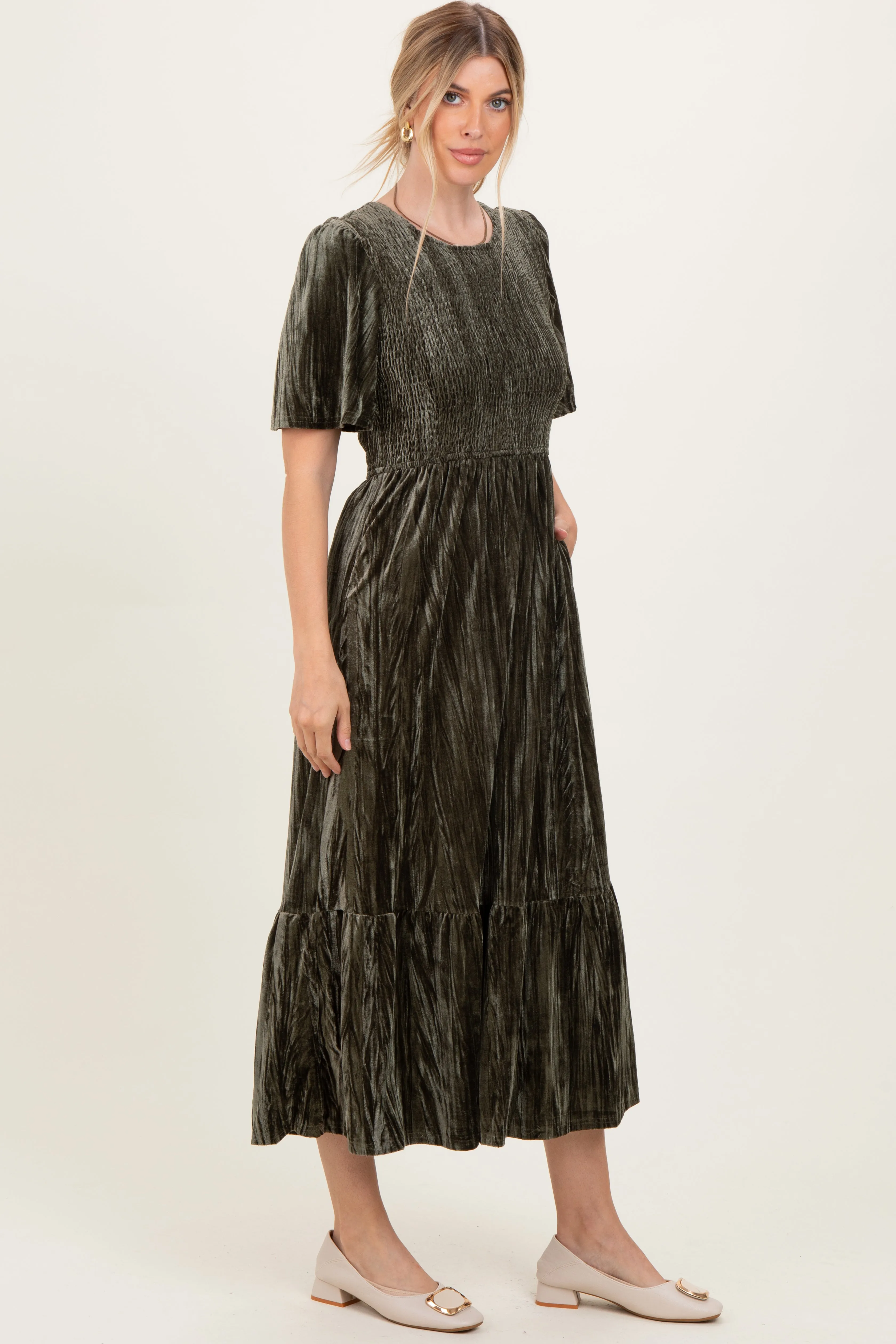 Olive Smocked Velvet MIdi Dress sold by Pinkblush product image thumbnail 3