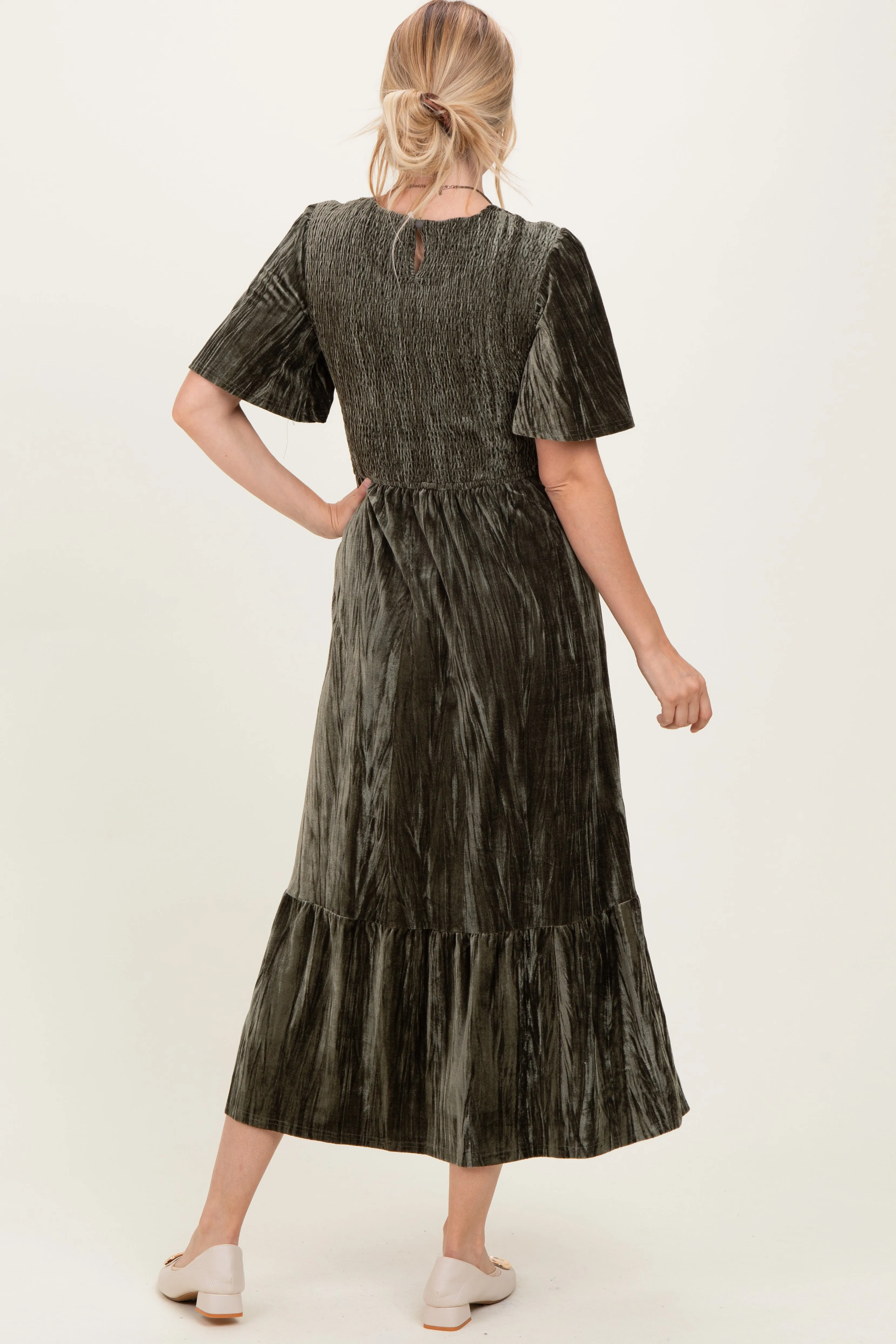 Olive Smocked Velvet MIdi Dress sold by Pinkblush product image thumbnail 4
