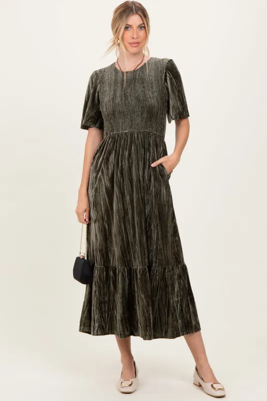 Olive Smocked Velvet MIdi Dress sold by Pinkblush