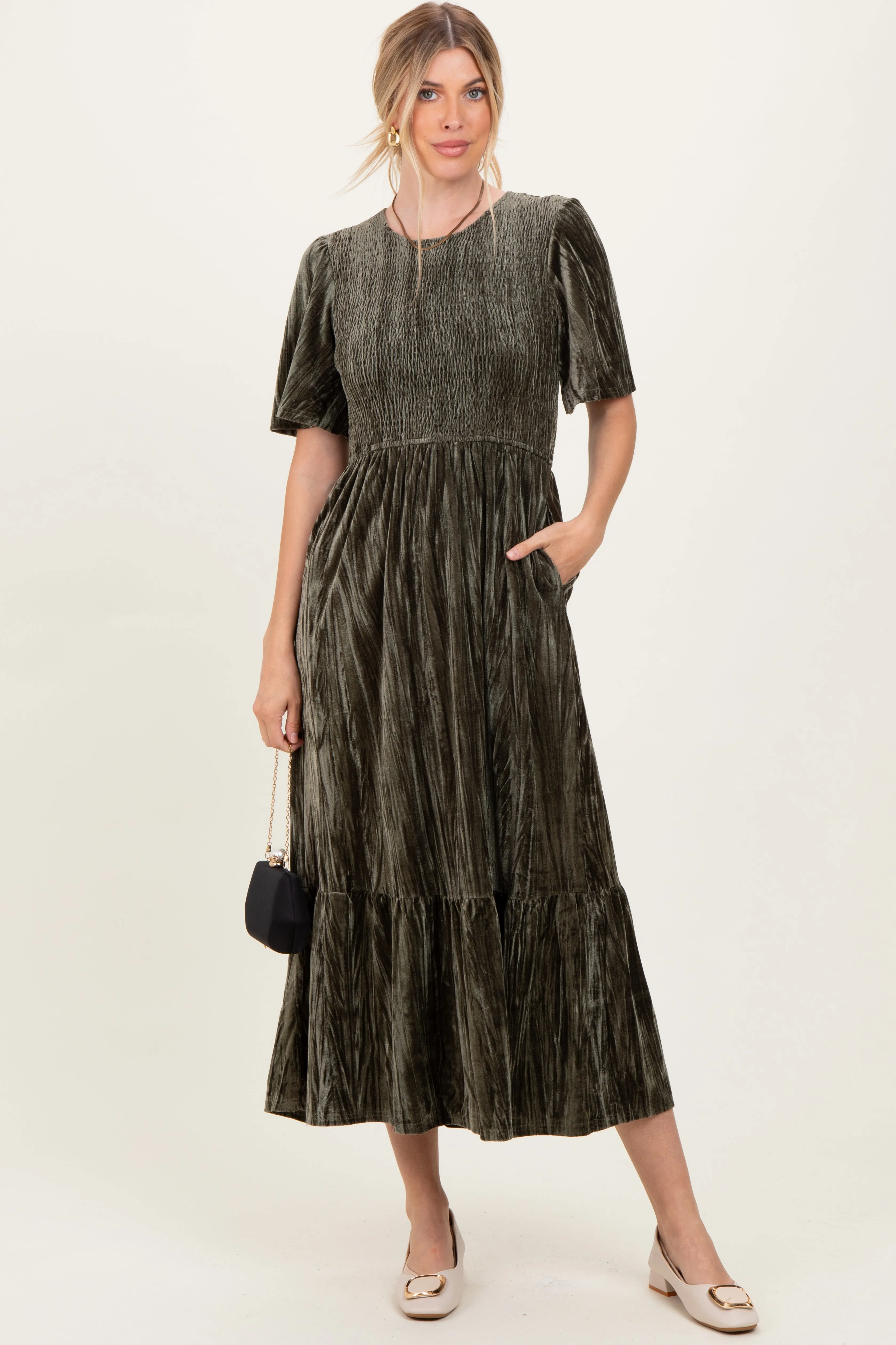 Olive Smocked Velvet MIdi Dress sold by Pinkblush
