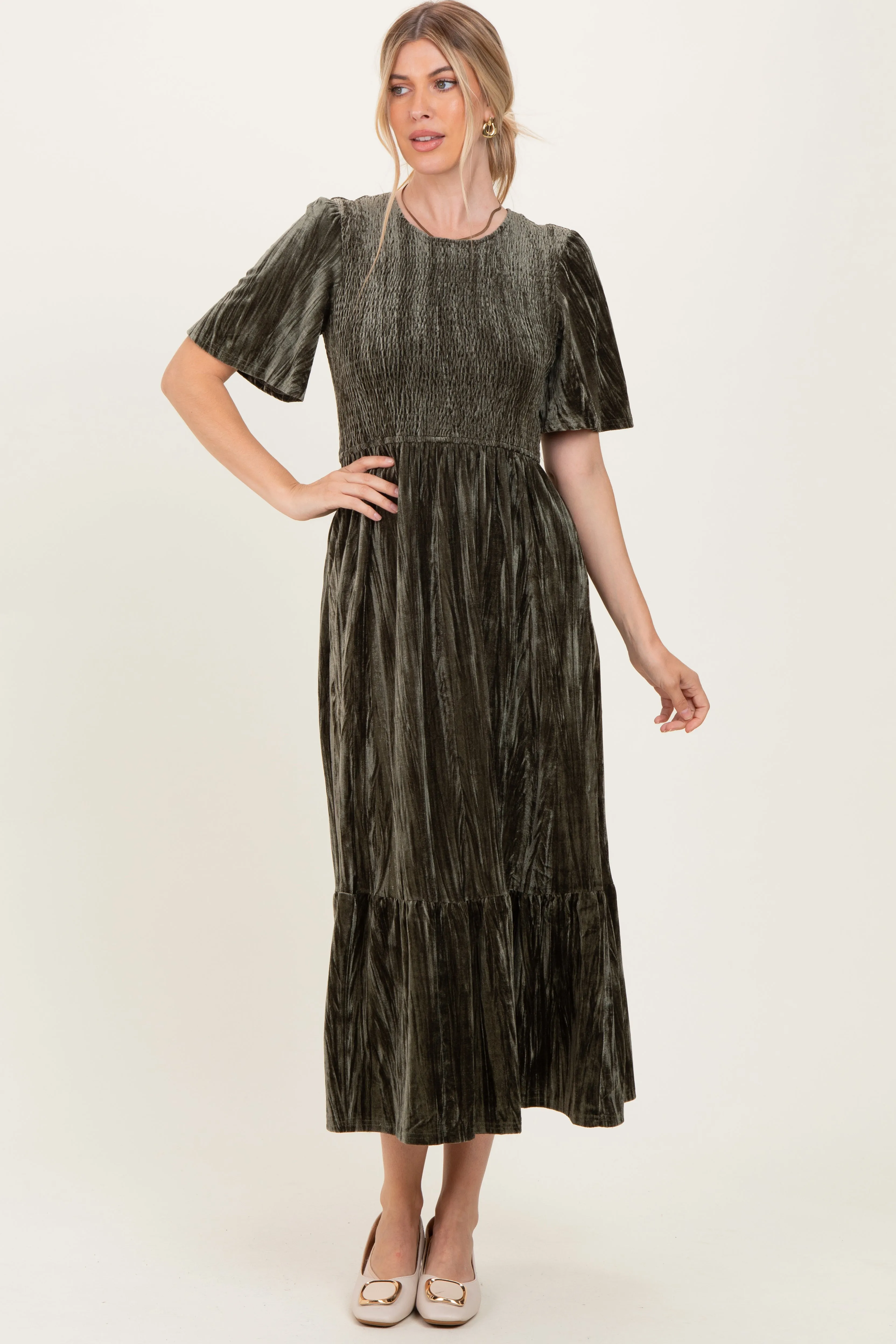 Olive Smocked Velvet MIdi Dress sold by Pinkblush product image thumbnail 2