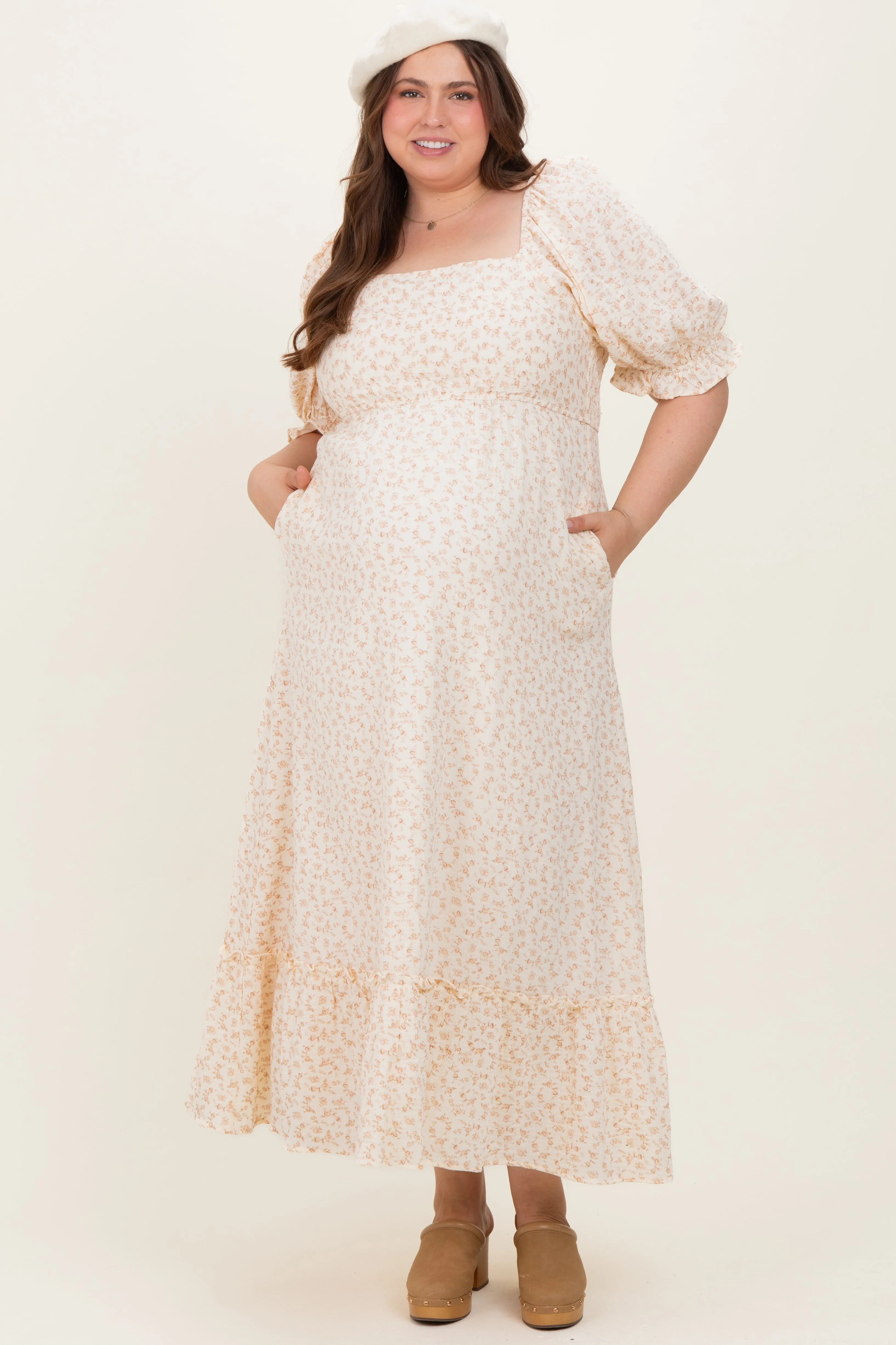 Beige Floral Print Square Neckline Plus Maternity Maxi Dress sold by Pinkblush product image thumbnail 2