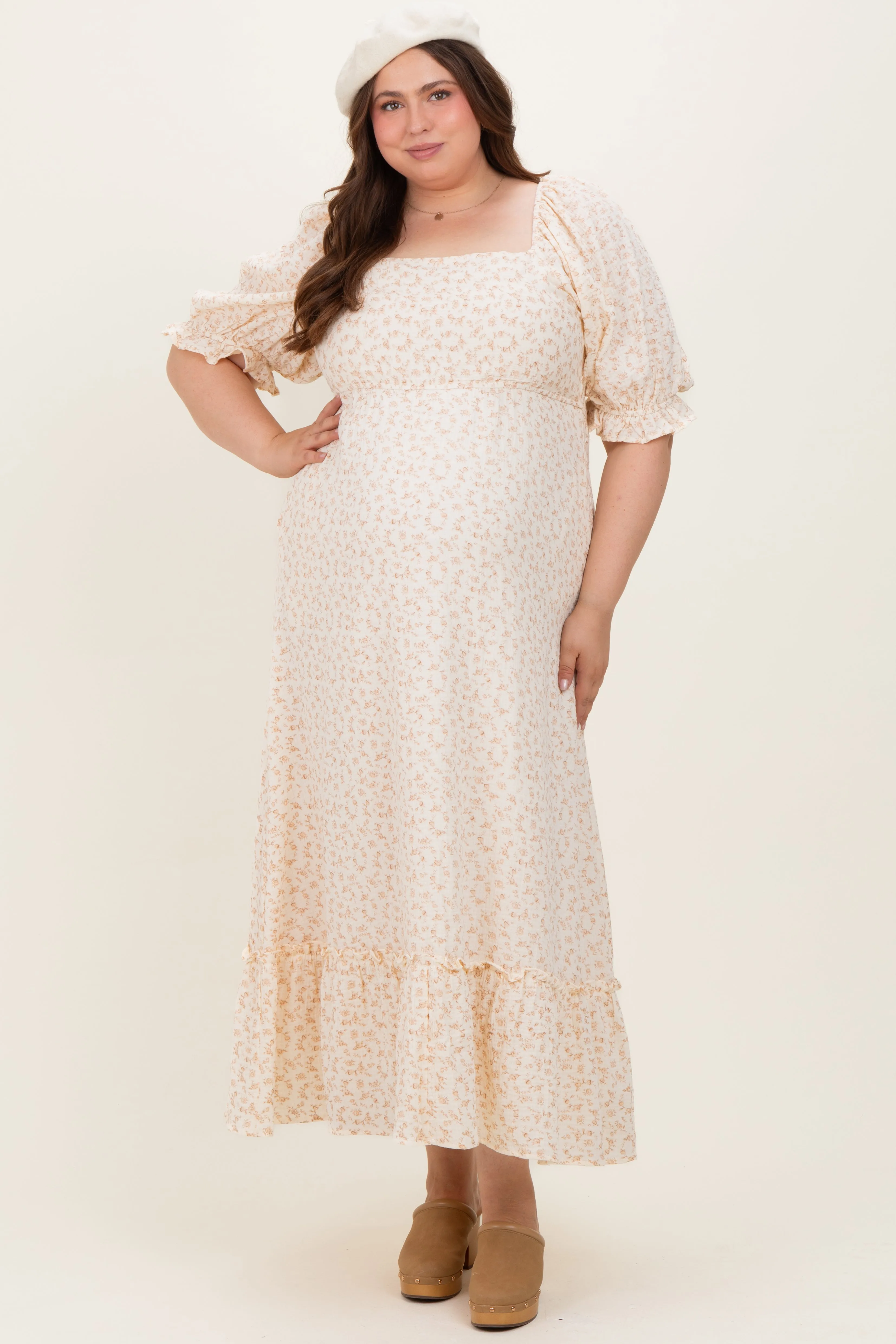 Beige Floral Print Square Neckline Plus Maternity Maxi Dress sold by Pinkblush