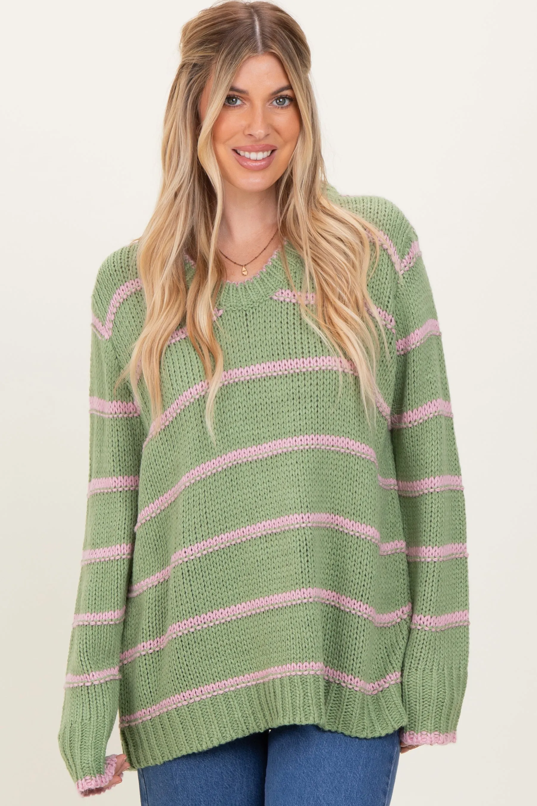 Light Olive Pink Striped Boxy Sweater sold by Pinkblush product image thumbnail 2