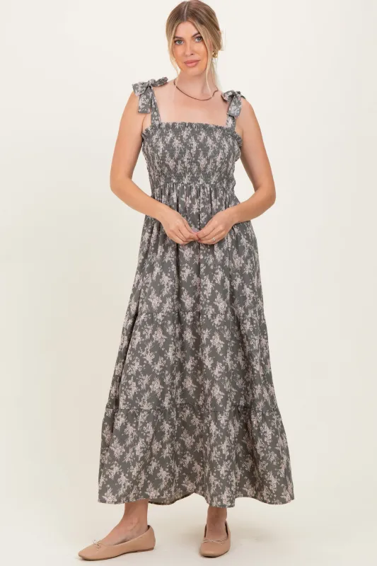 Light Olive Floral Shoulder Tie Maxi Dress sold by Pinkblush