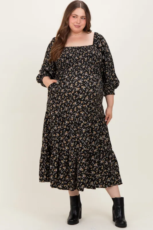Black Floral Smocked Long Sleeve Maternity Plus Maxi Dress sold by Pinkblush