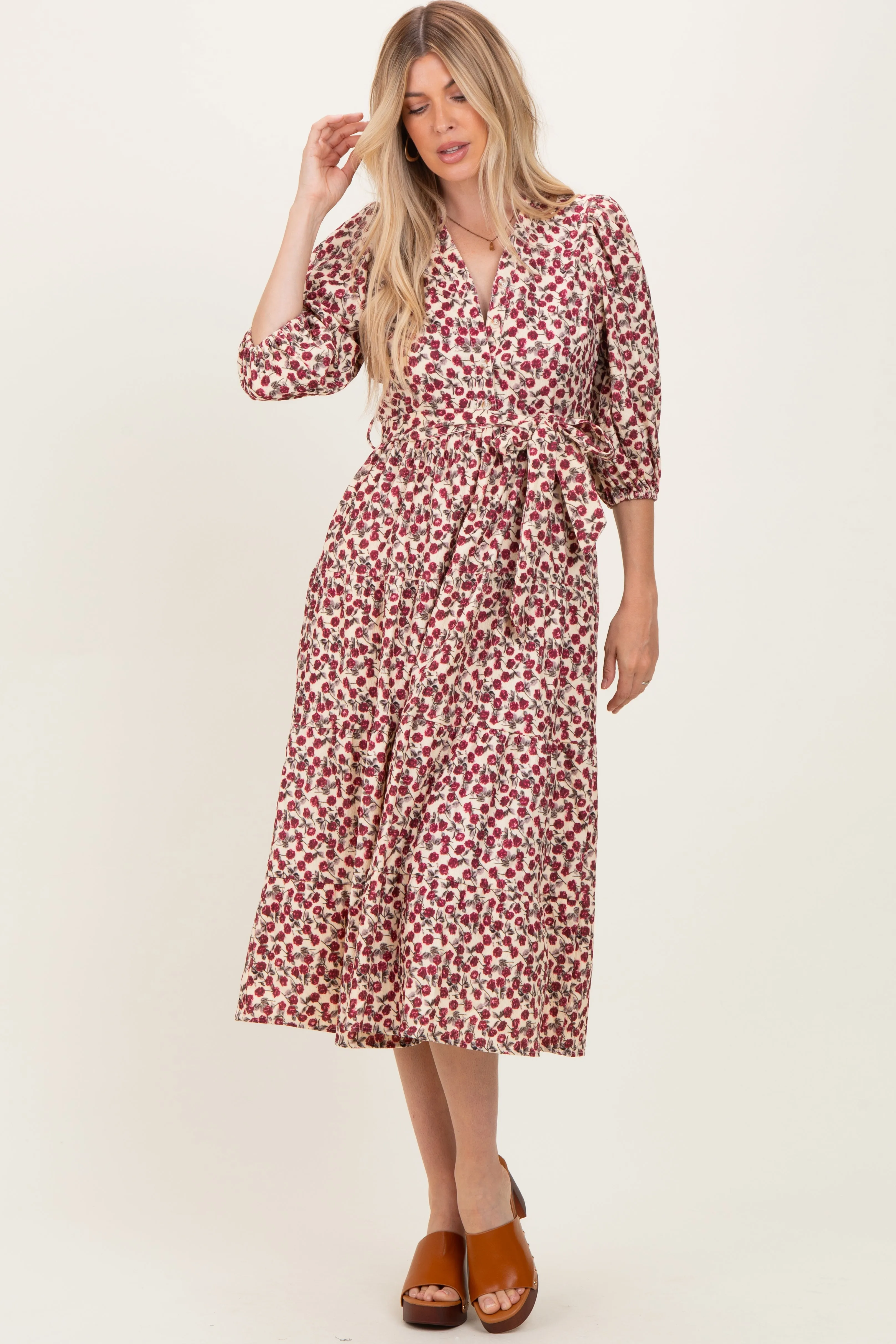 Cream Floral Button Down Front Tie Midi Dress sold by Pinkblush product image thumbnail 2