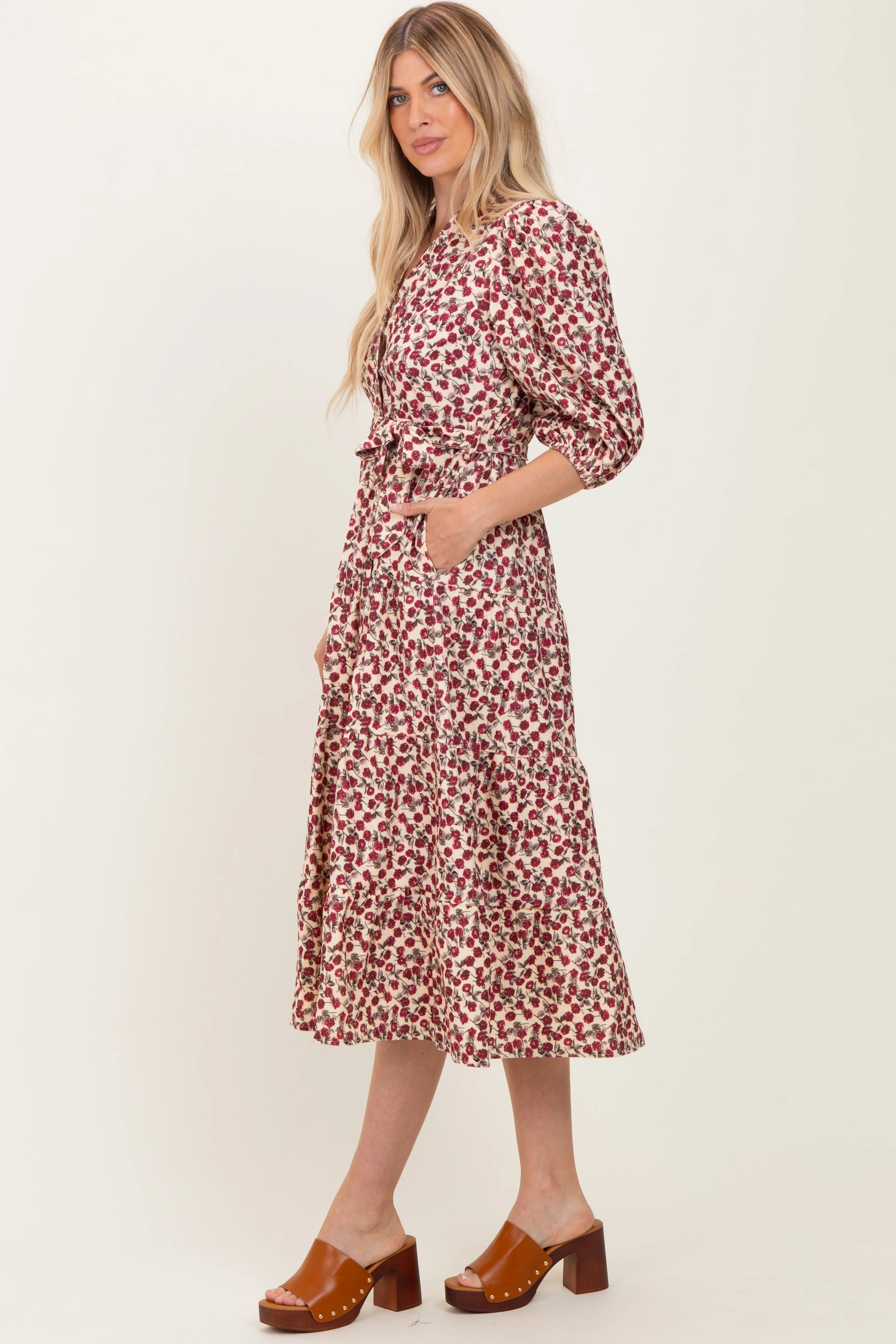 Cream Floral Button Down Front Tie Midi Dress sold by Pinkblush product image thumbnail 3