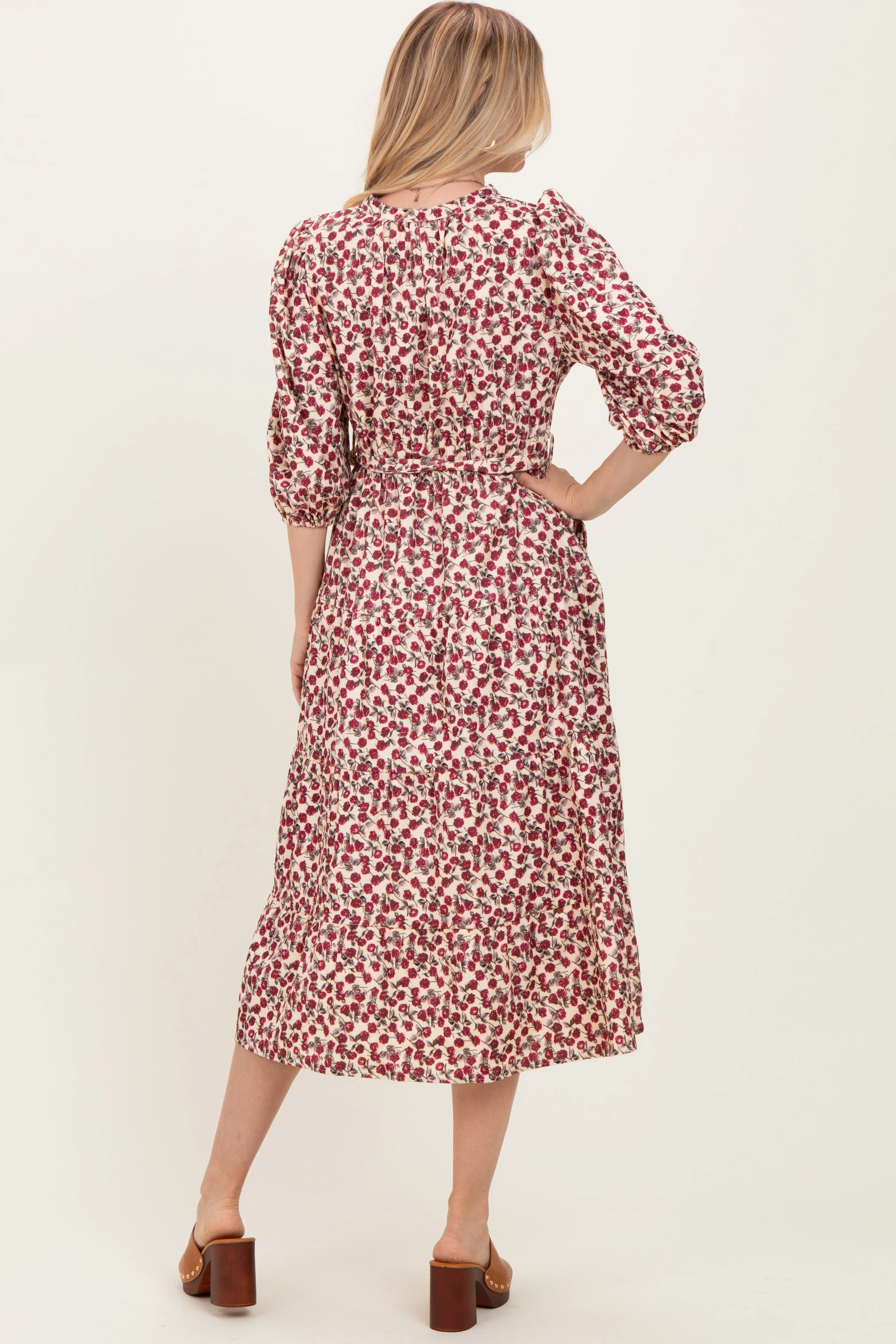 Cream Floral Button Down Front Tie Midi Dress sold by Pinkblush product image thumbnail 4
