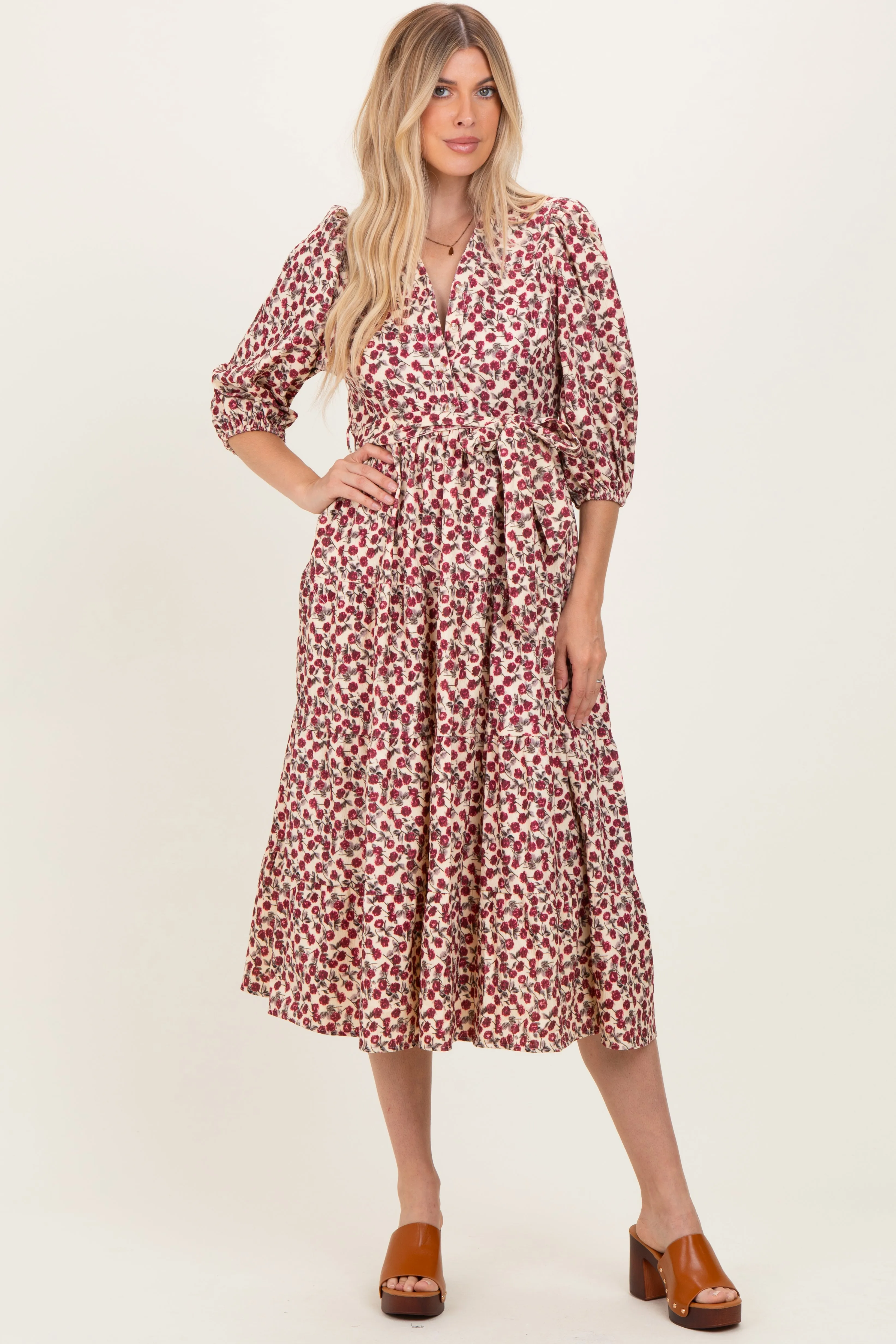Cream Floral Button Down Front Tie Midi Dress sold by Pinkblush