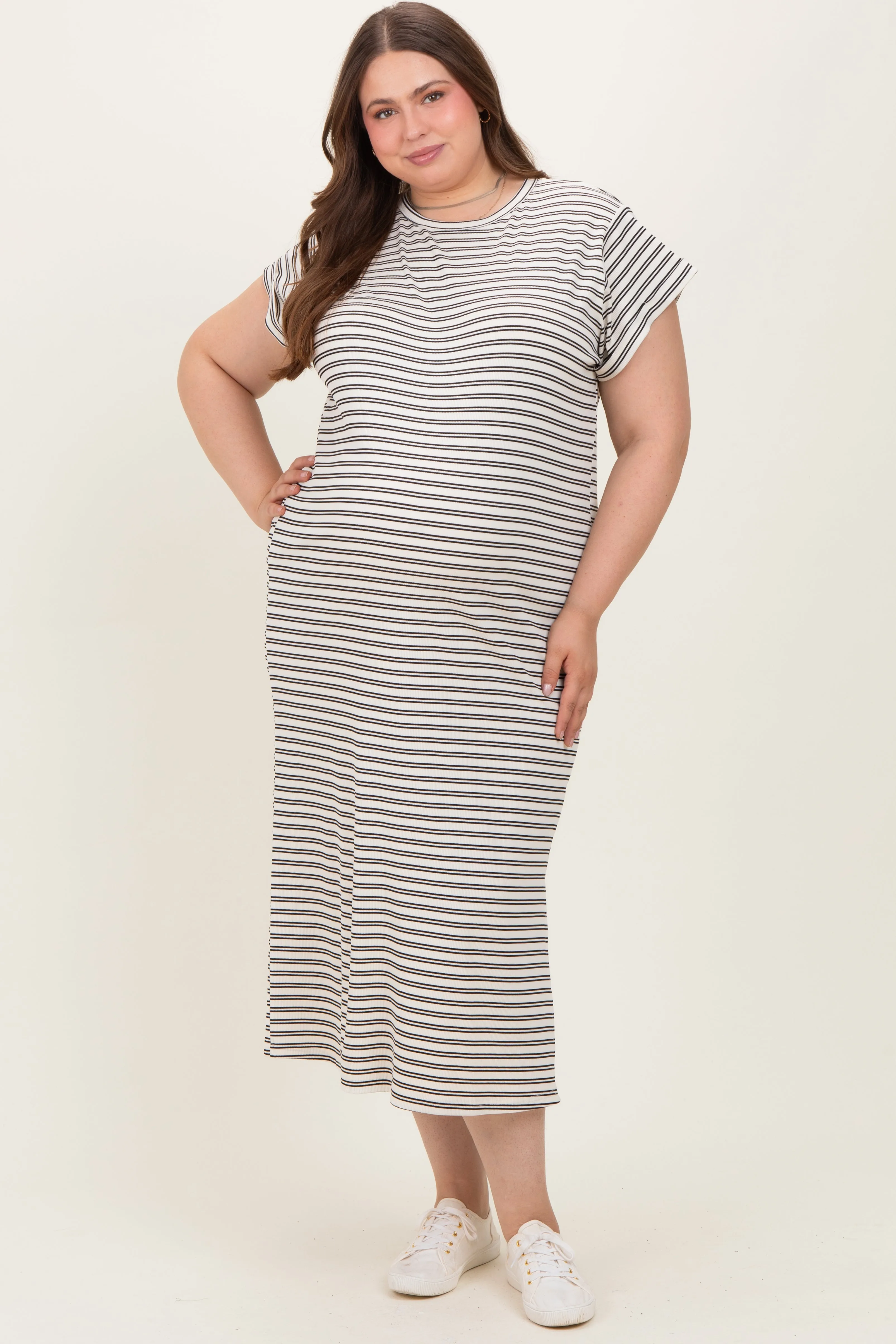 Black Striped Maternity Plus Midi T-Shirt Dress sold by Pinkblush product image thumbnail 2