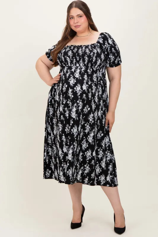 Black Floral Smocked Sweetheart Neckline Maternity Plus Midi Dress sold by Pinkblush