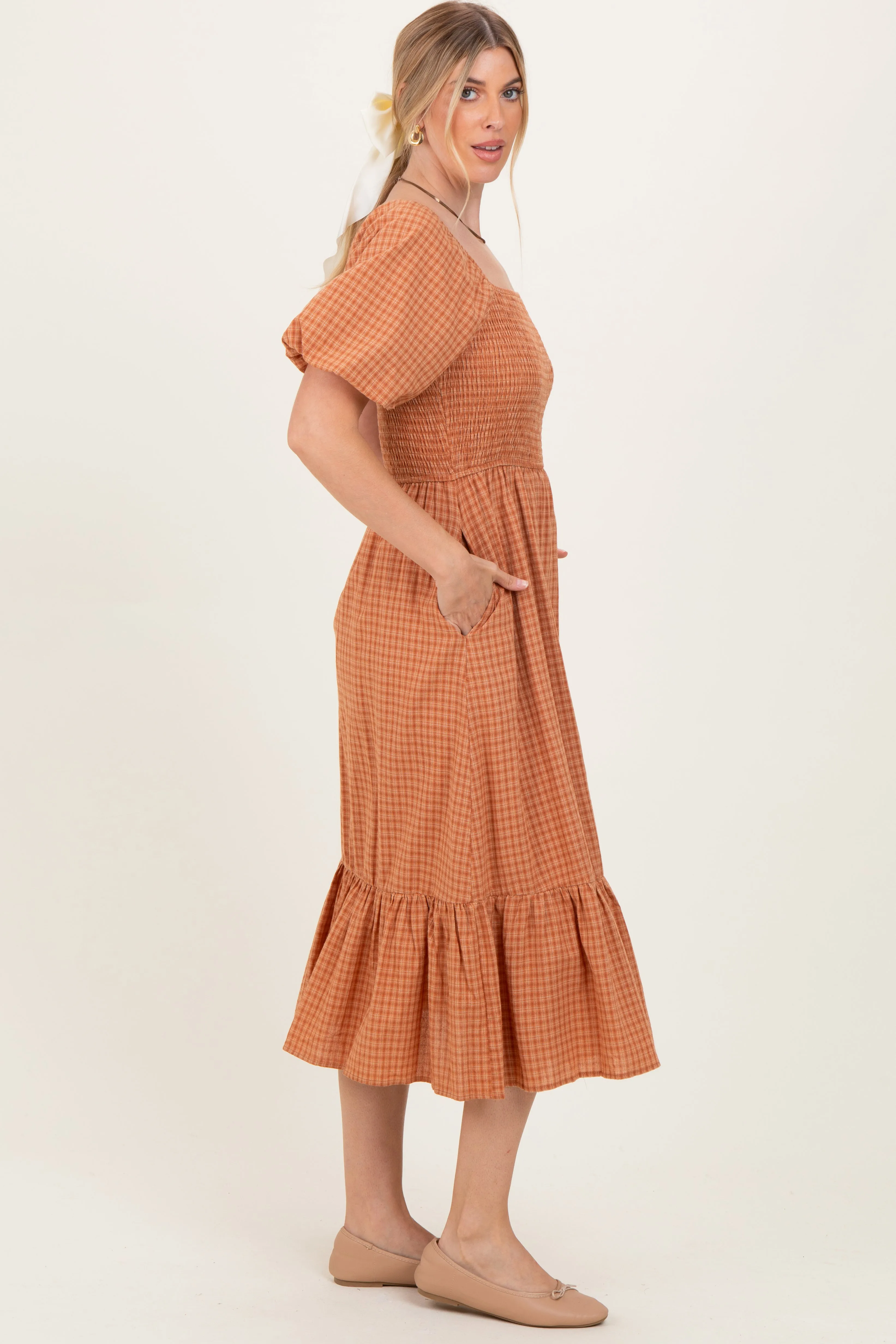Camel Gingham Smocked Midi Dress sold by Pinkblush product image thumbnail 2