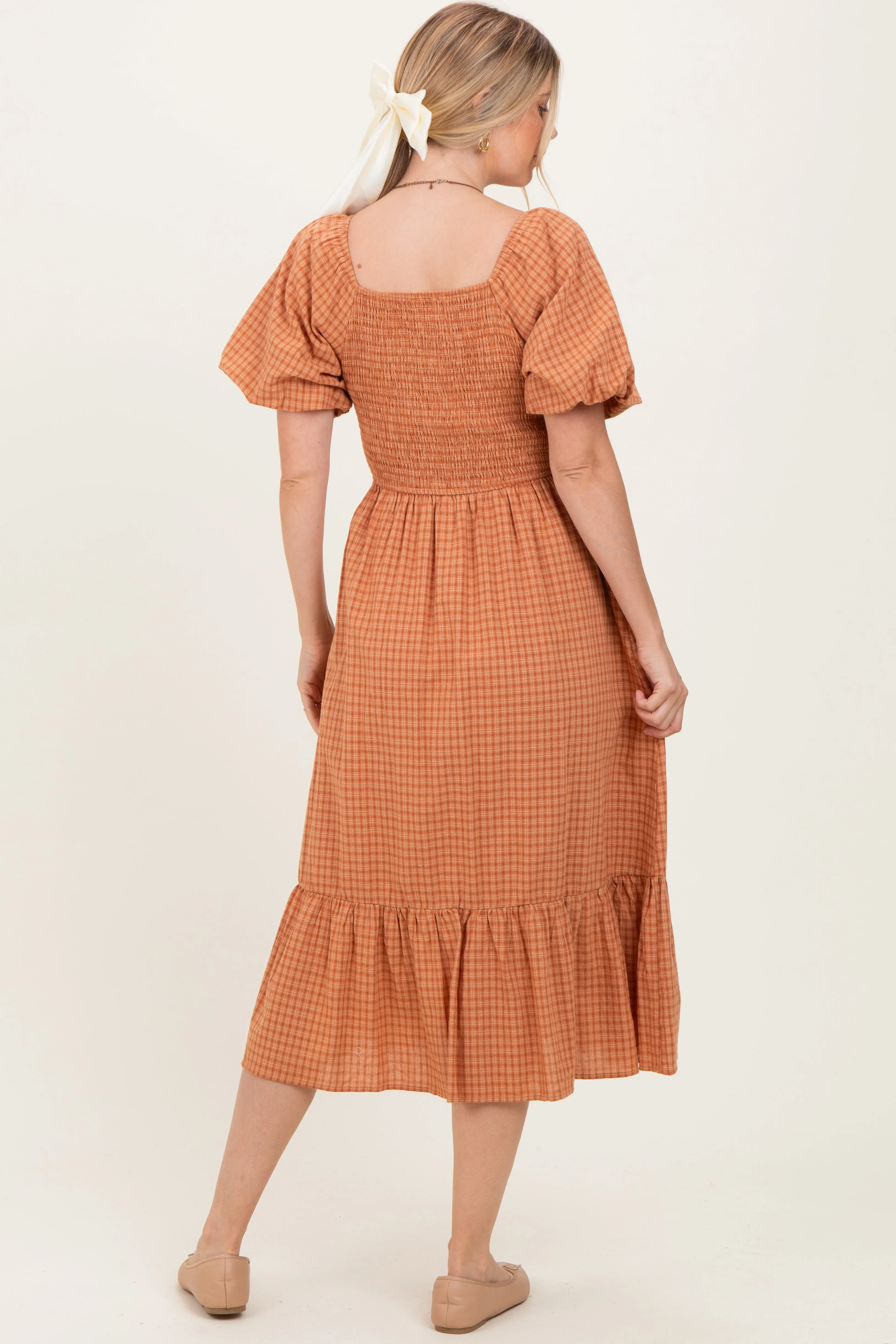 Camel Gingham Smocked Midi Dress sold by Pinkblush product image thumbnail 3