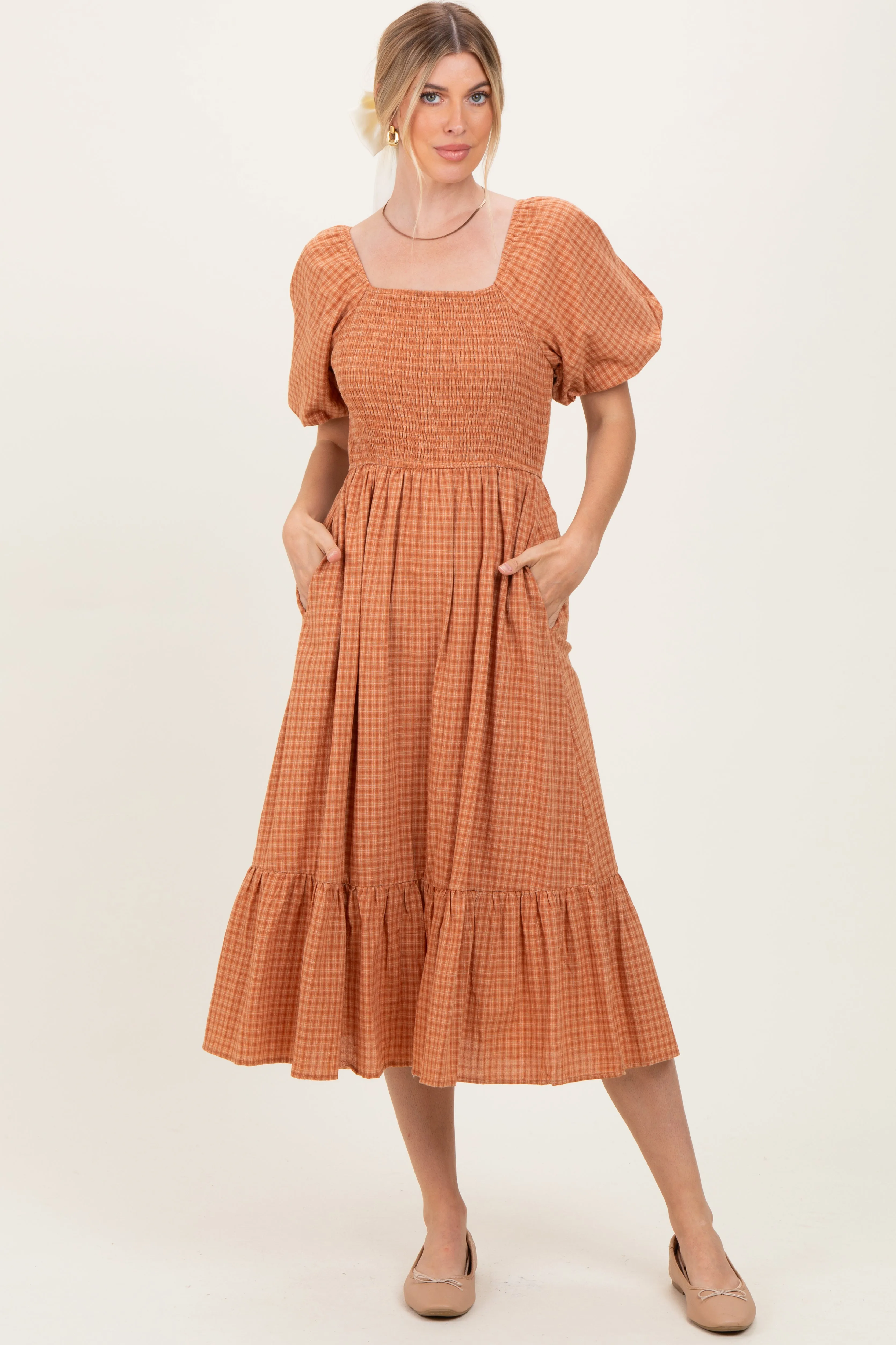 Camel Gingham Smocked Midi Dress sold by Pinkblush