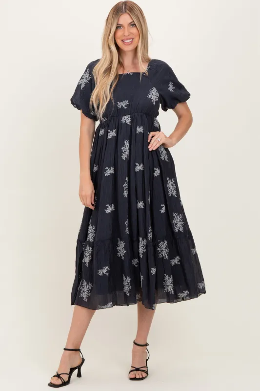 Navy Floral Embroidered Puff Sleeve Midi Dress sold by Pinkblush