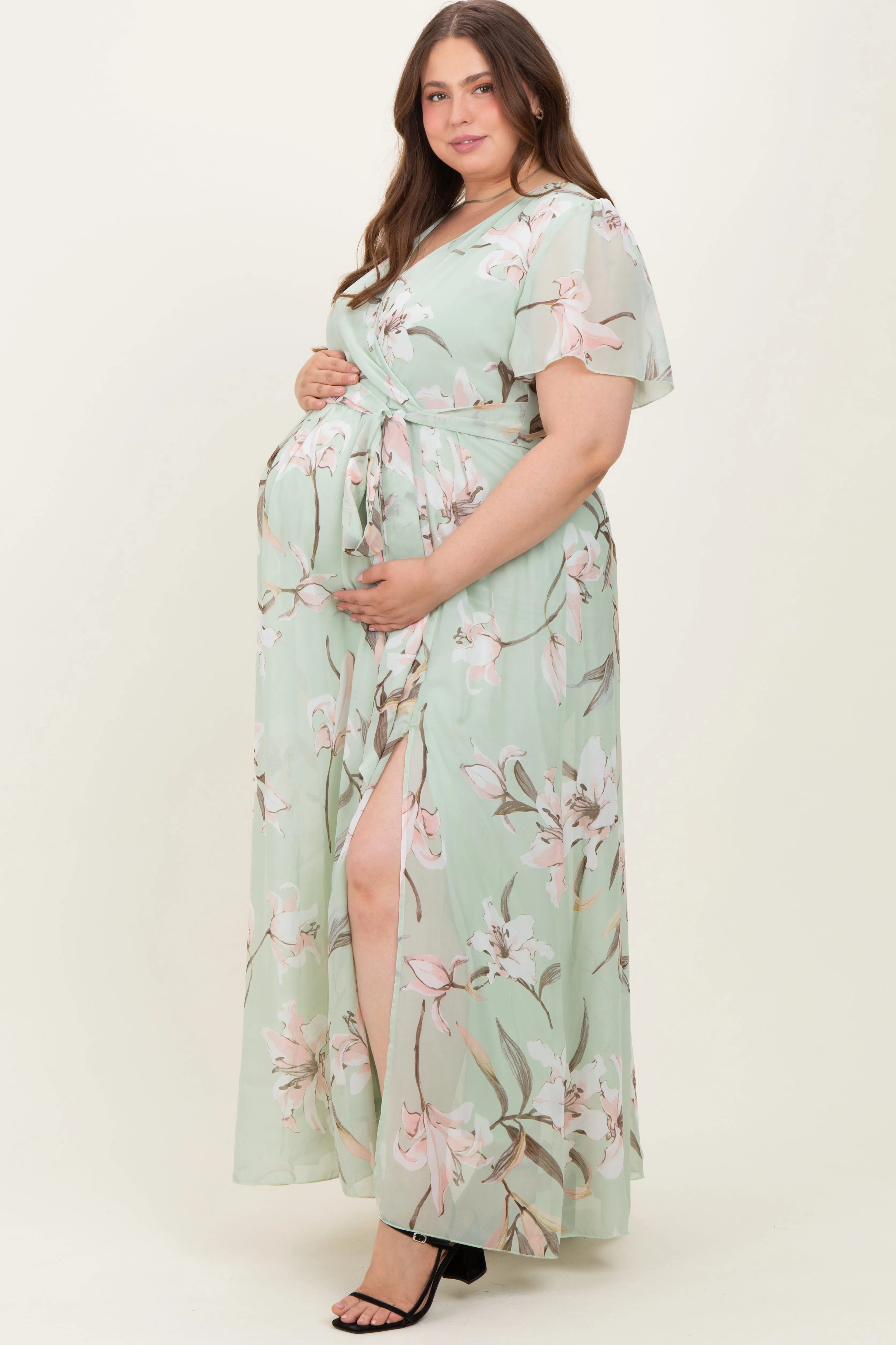Light Olive Floral Chiffon Sash Tie Maternity Plus Maxi Dress sold by Pinkblush product image thumbnail 3