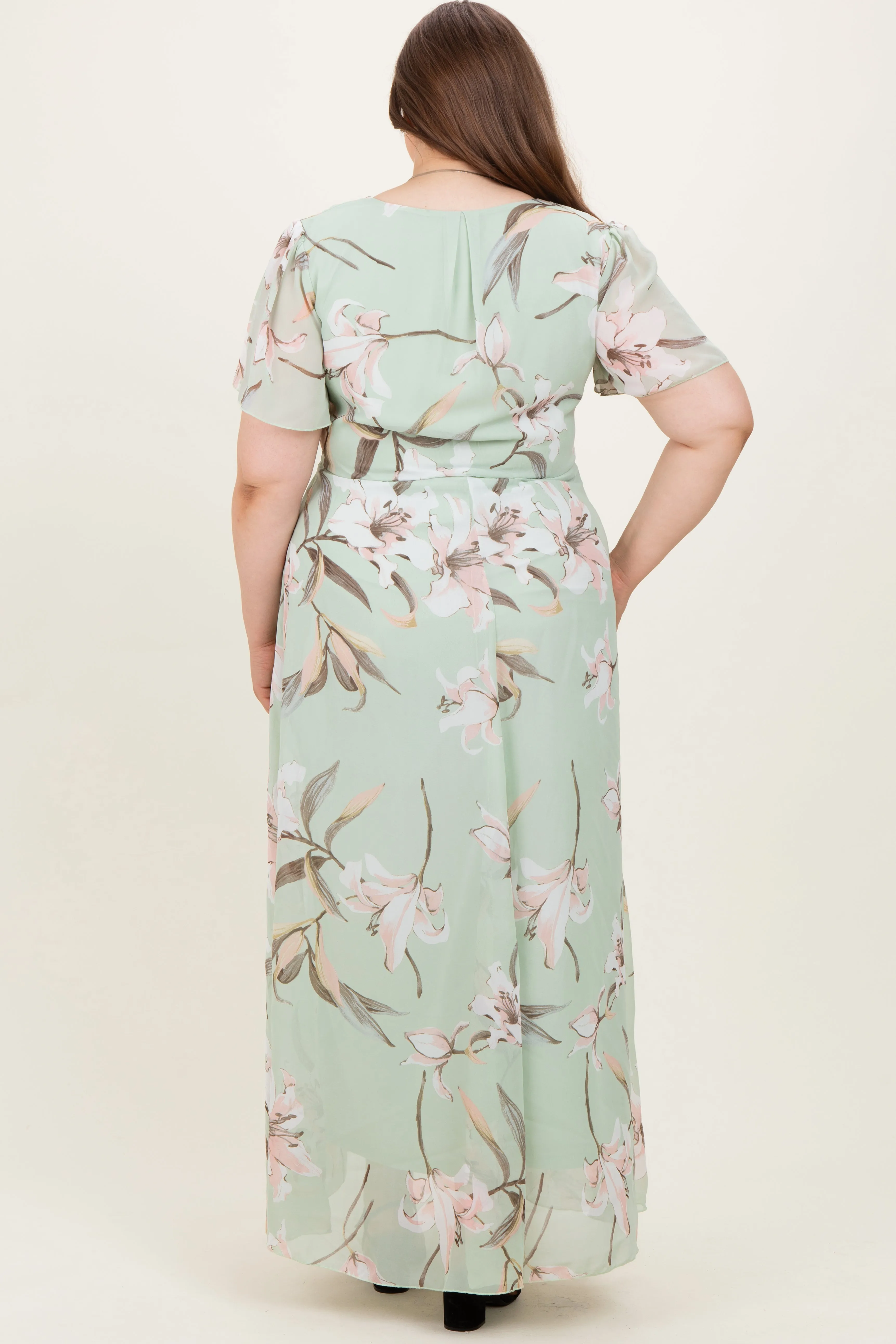 Light Olive Floral Chiffon Sash Tie Maternity Plus Maxi Dress sold by Pinkblush product image thumbnail 4