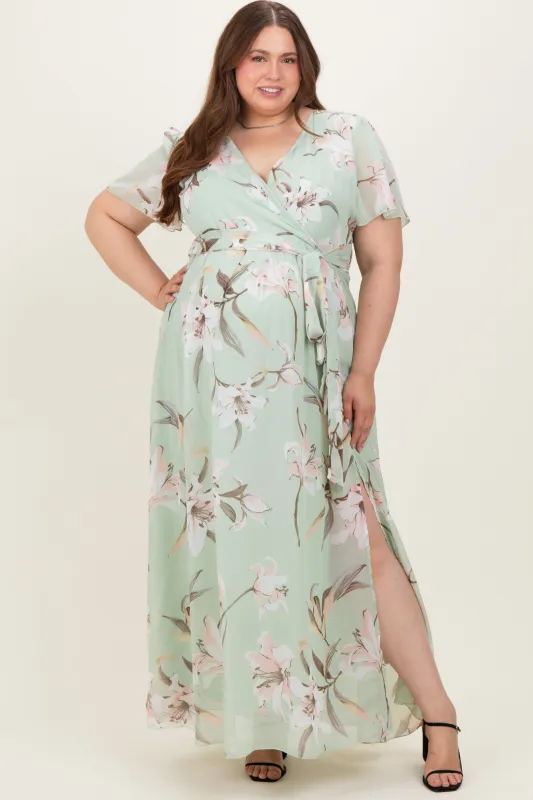 Light Olive Floral Chiffon Sash Tie Maternity Plus Maxi Dress sold by Pinkblush