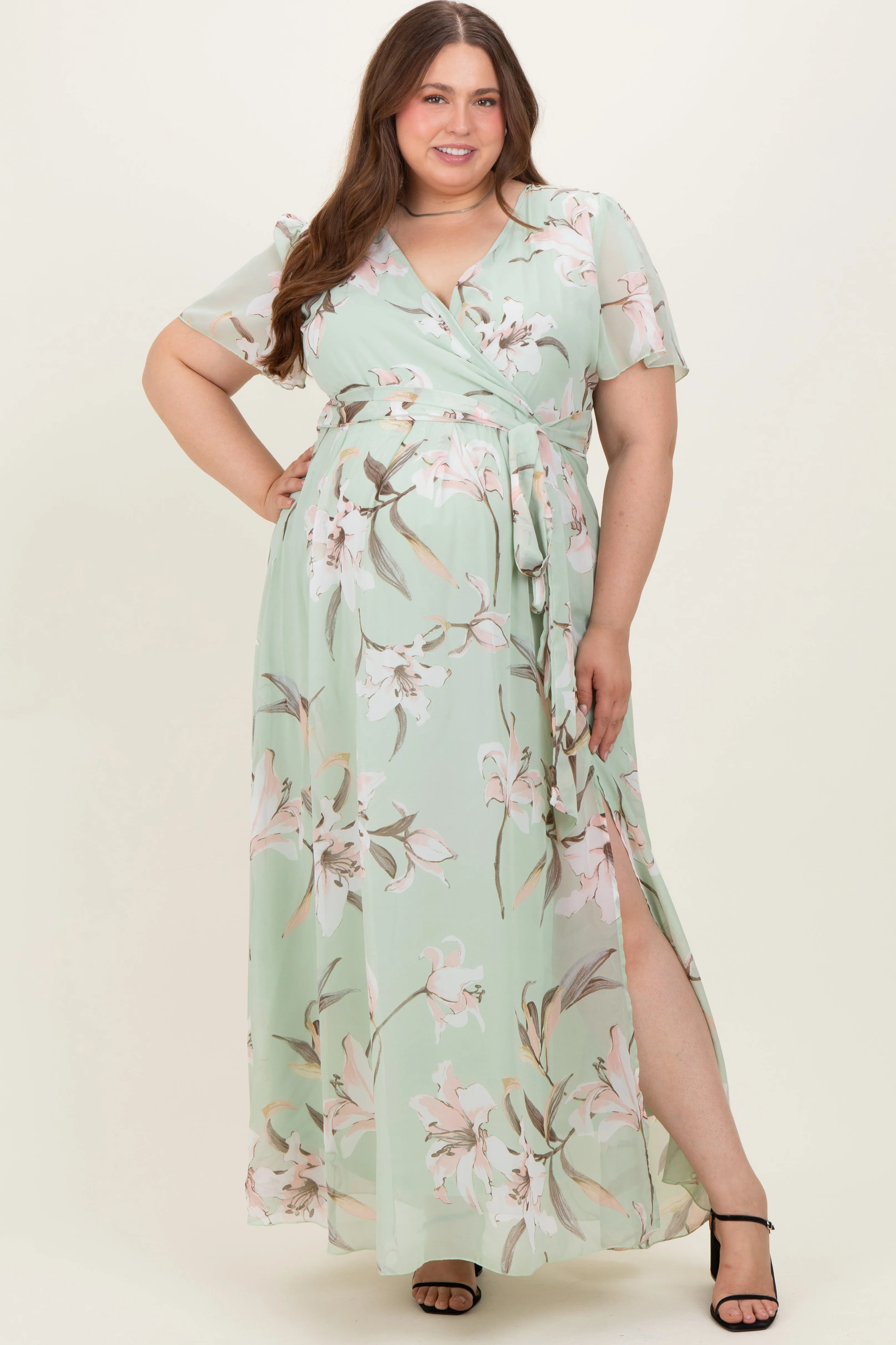 Light Olive Floral Chiffon Sash Tie Maternity Plus Maxi Dress sold by Pinkblush