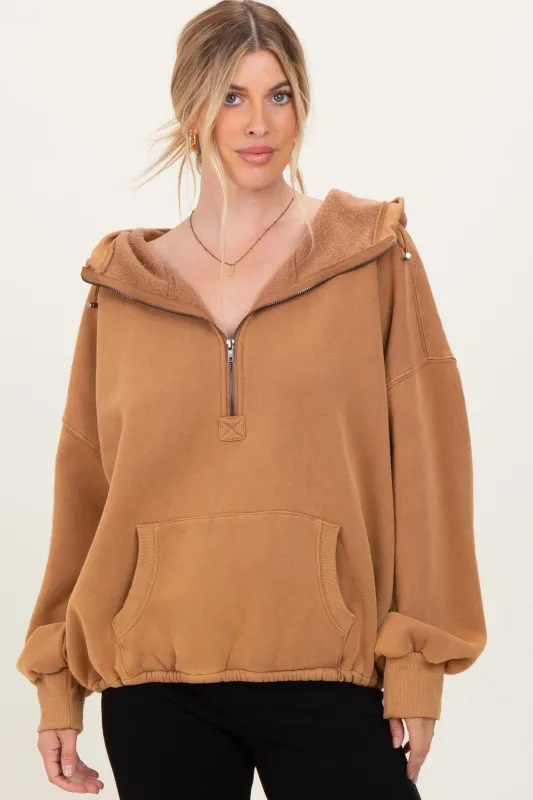 Mocha Fleece Half Zip Drop Shoulder Hoodie sold by Pinkblush