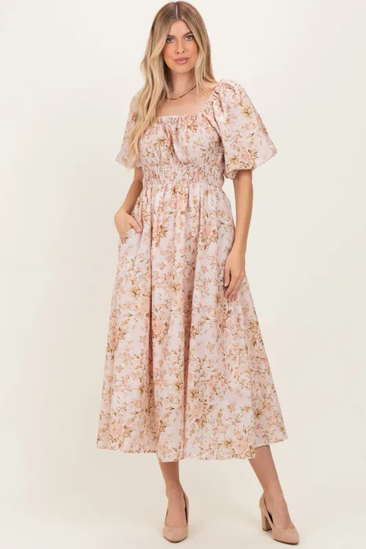Beige Floral Puff Sleeve Midi Dress sold by Pinkblush