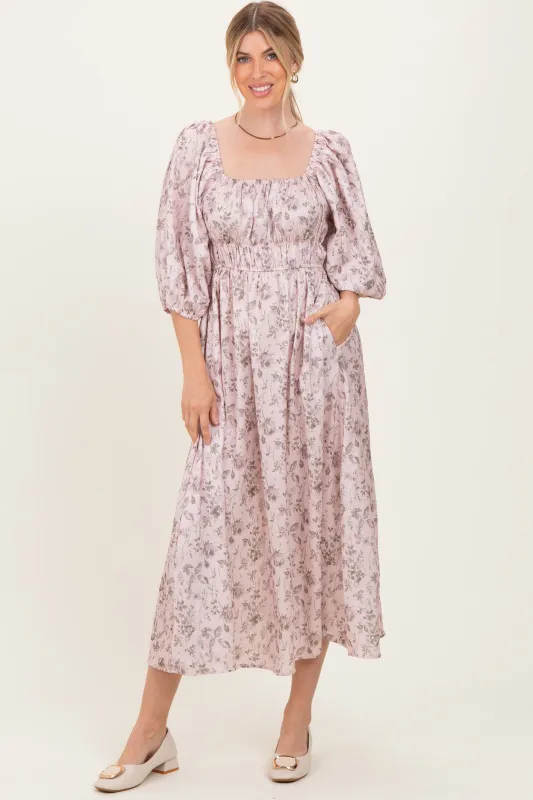 Light Pink Floral Puff Sleeve Smocked Waist Midi Dress sold by Pinkblush