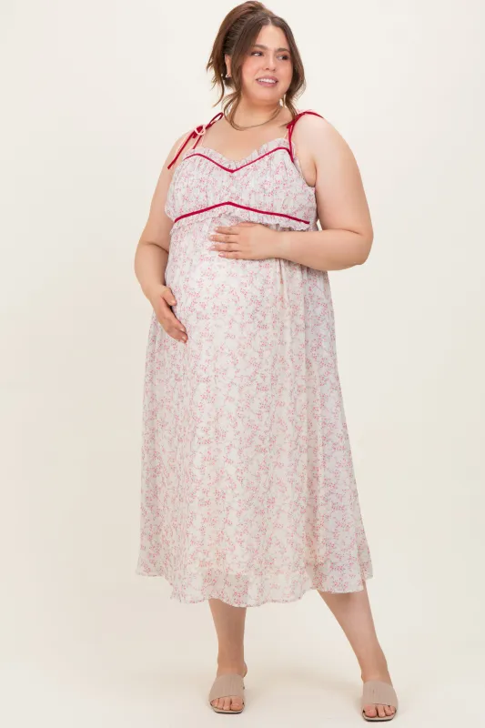 Pink Floral Ruffle Detail Shoulder Tie Maternity Plus Midi Dress sold by Pinkblush