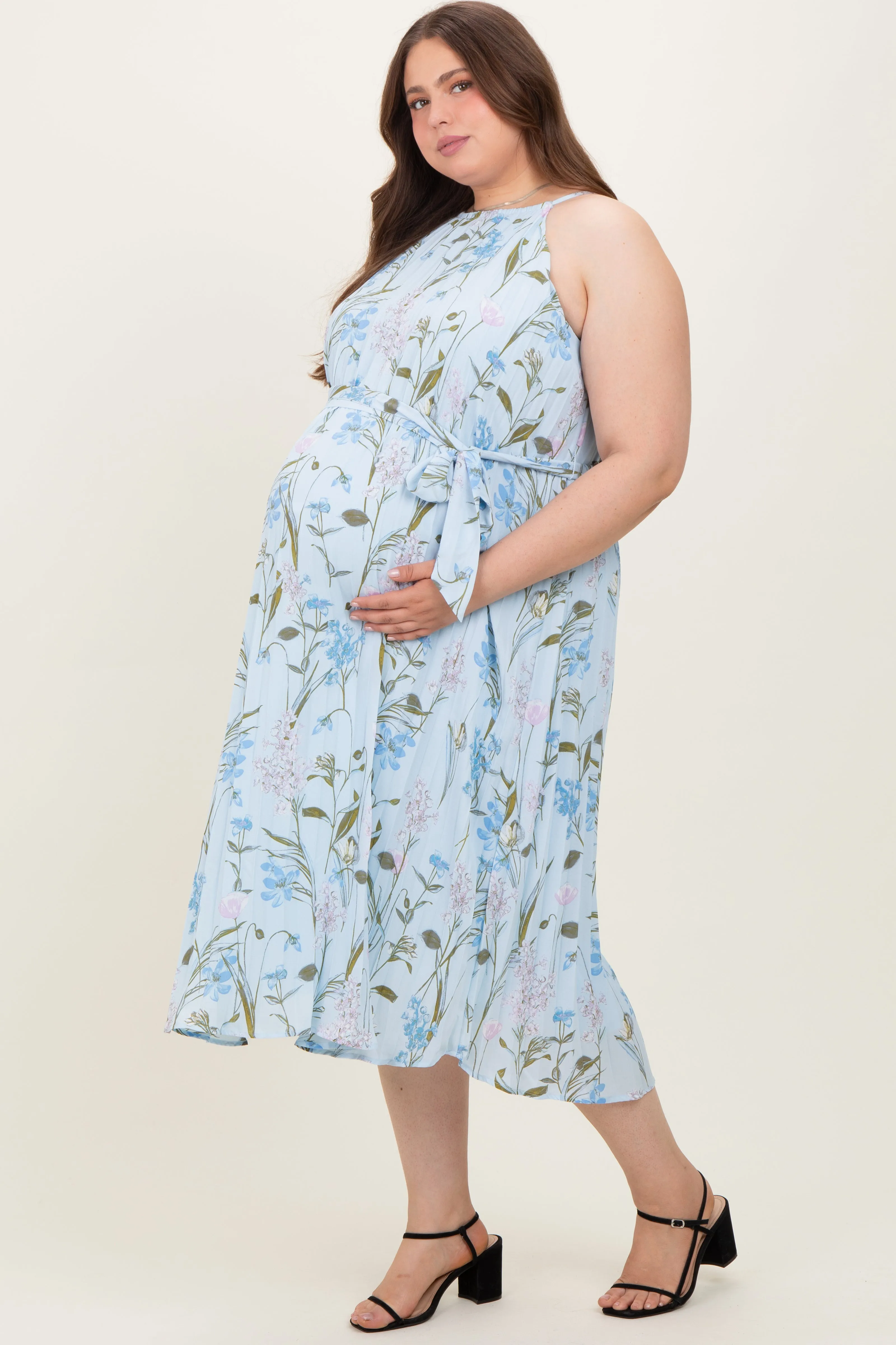 Light Blue Floral Pleated Sleeveless Maternity Plus Midi Dress sold by Pinkblush product image thumbnail 3